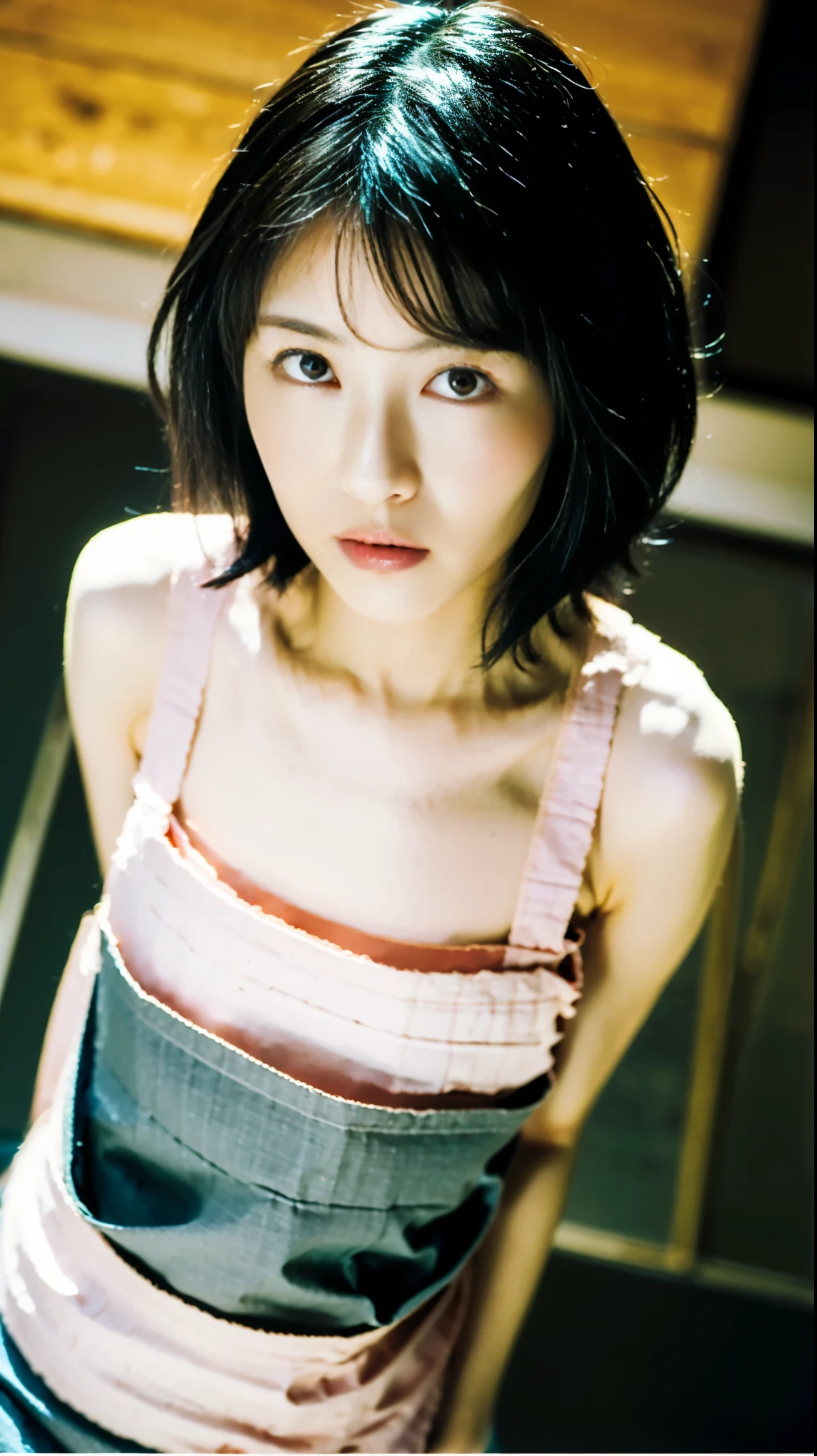 (highest quality、8K、32K、masterpiece、ticker:1.2)、photo of cute japanese woman、black short hair、beautiful face、((bent forward:1.3))、(From above:1.2)、(Close-up:1.4)、throw、wide々apron、cute apron、big and full breasts、(Beautiful breasts:0.9)、Wind、shiny skin、kitchen、((naked apron))、