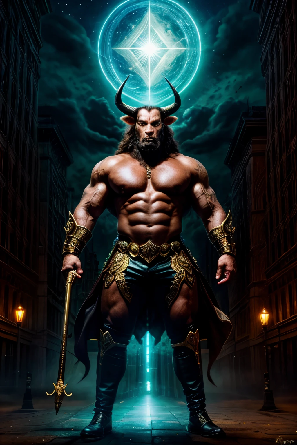 Taurus bull man, Taurus bull in human guise Tags: Taurus bull, human disguise, determined expression, muscular build, vibrant golden fleece, majestic horns, piercing eyes, chiseled features, magical glow, confident stance, ethereal atmosphere, surreal landscape, cosmic setting, otherworldly radiance, dynamic lighting, bold colors, fierce determination, mythical transformation, intricate details, supernatural strength, transcendent beauty, regal aura, powerful presence. (best quality, highres, ultra-detailed), (realistic:1.37), HDR, vibrant colors, surreal lighting.