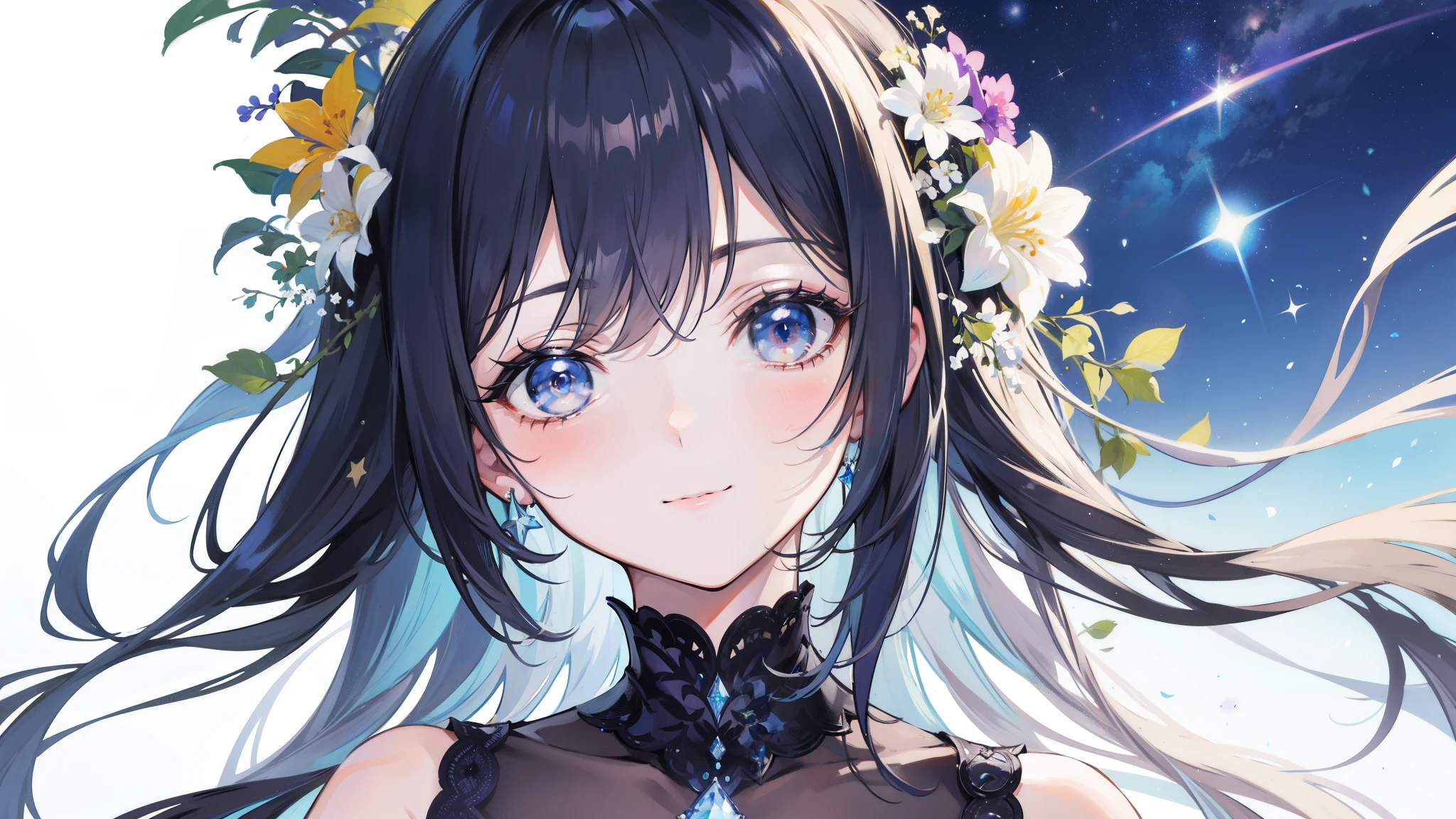 32k, highest quality, expensive_solve, clear_image, detailed background, girl, flower, garden, starry sky, Beautiful modeling, smile, close up of face,