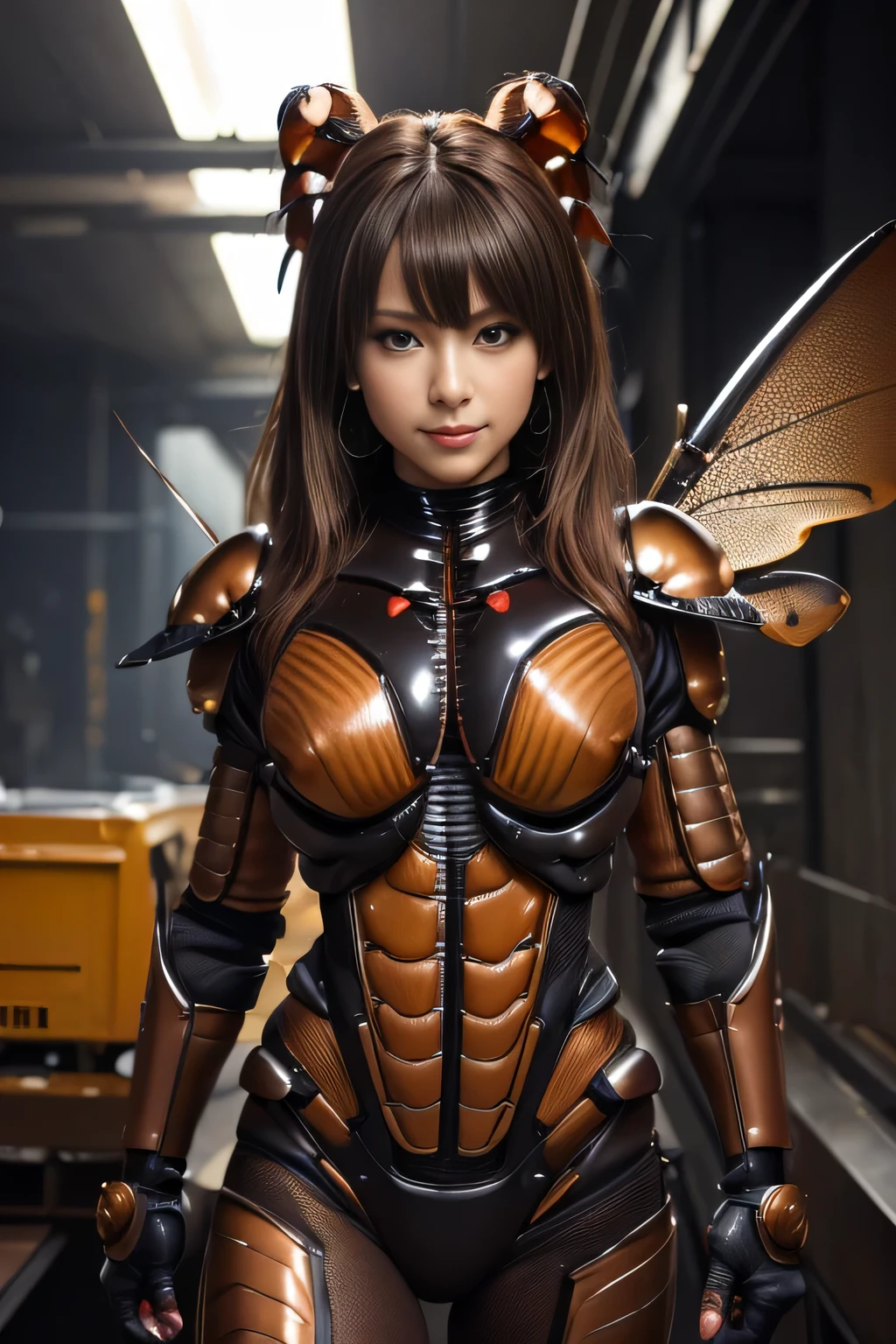 (High resolution,masterpiece,highest quality,Very detailed CG, anime, official art:1.4), realistic, photograph, amazing detail, everything is complicated, shiny and glossy,Amazing number of layers, 8K wallpaper, 3D, sketch, cute, figure,( alone:1.4), perfect female proportions,villain&#39;s daughter, (Fusion of dark brown cockroach and lady:1.4), (brown cockroach woman:1.2), (brown cockroach woman:1.2), (Fusion:1.2), (alone:1.4), (evil smile:1.2), muscular, abs, (Cockroach brown exoskeleton bio insect suit:1.4), (Cockroach brown exoskeleton bio insect armor:1.2), (brown transparent cockroach feathers:1.4), (Antennae of brown cockroaches:1.3),