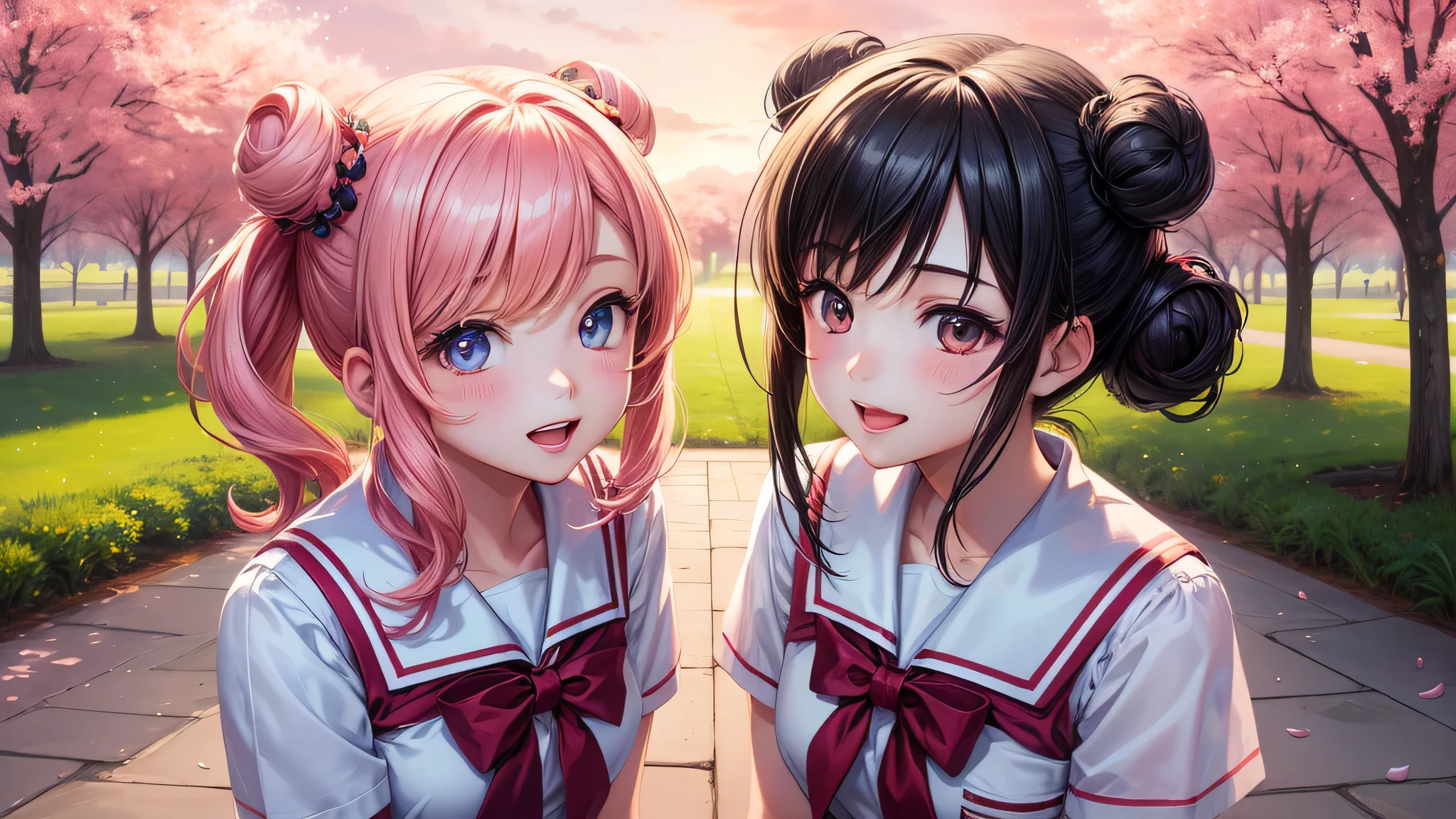 (2 girls:1.2), cute face, shining smile, (double buns:1.2), (school uniform, mini skirt:1.2), (highest quality: 1.4), (Super detailed), (highest quality:1.4), (super detailed), (lush park), sunlight, cherry blossoms, (pink sky), beautiful rainbow sky, (anime illustration), very high resolution, (Upper body), close up face