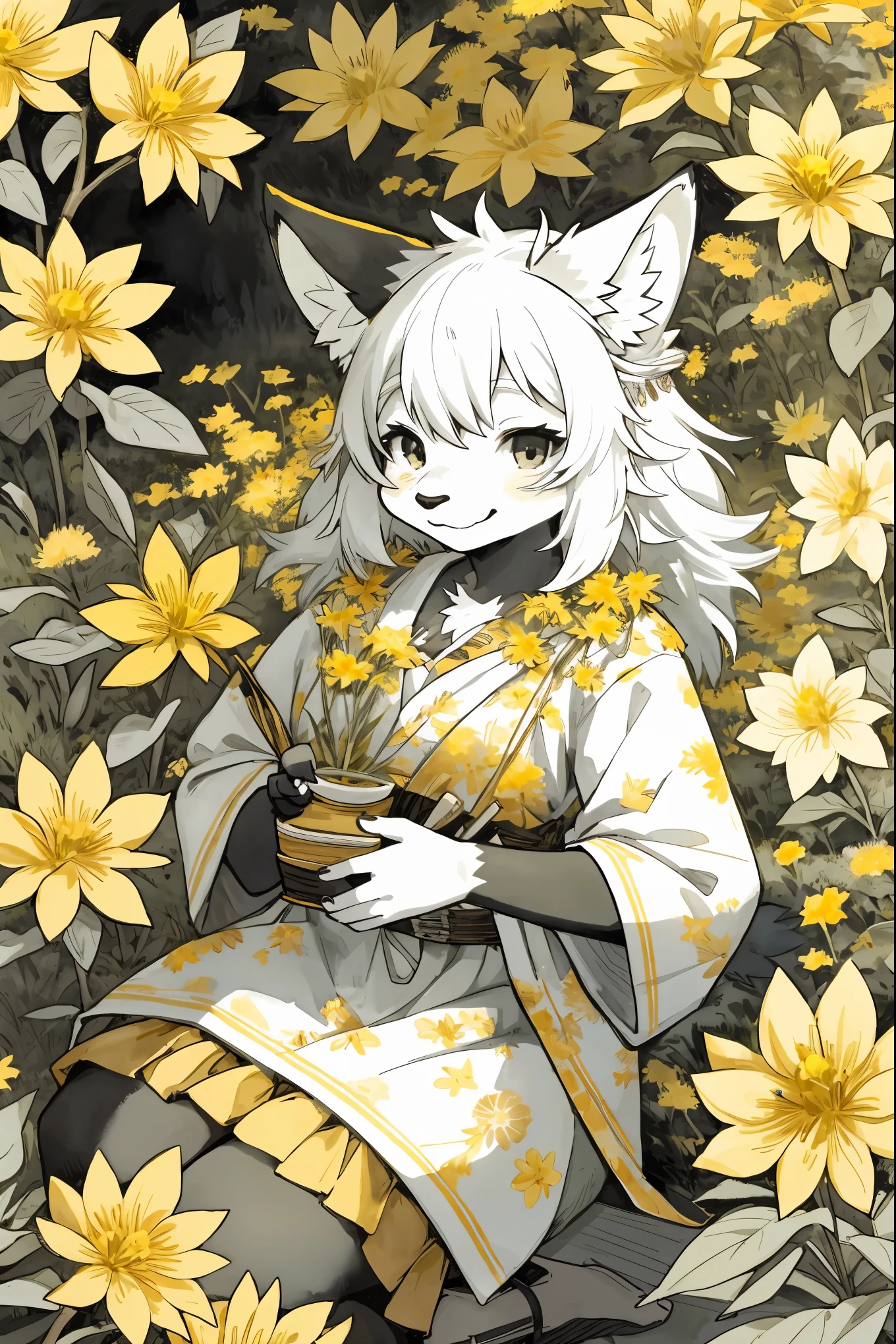 monochrome, watercolor, highres, top quality, best quality, paid reward available, High-quality illustrations, unparalleled masterpiece, perfect artwork, absurdres, 1girl, kemono, furry, detailed body fur, animal face, animal hand, Archaic Smile, holding a cluster of  yellow flower in both hands, which are positioned at chest level, She is wearing a simple ring on the ring finger of her left hand, unfocused spread of yellow flower, fan-created work shared on platforms Pixiv or Twitter,