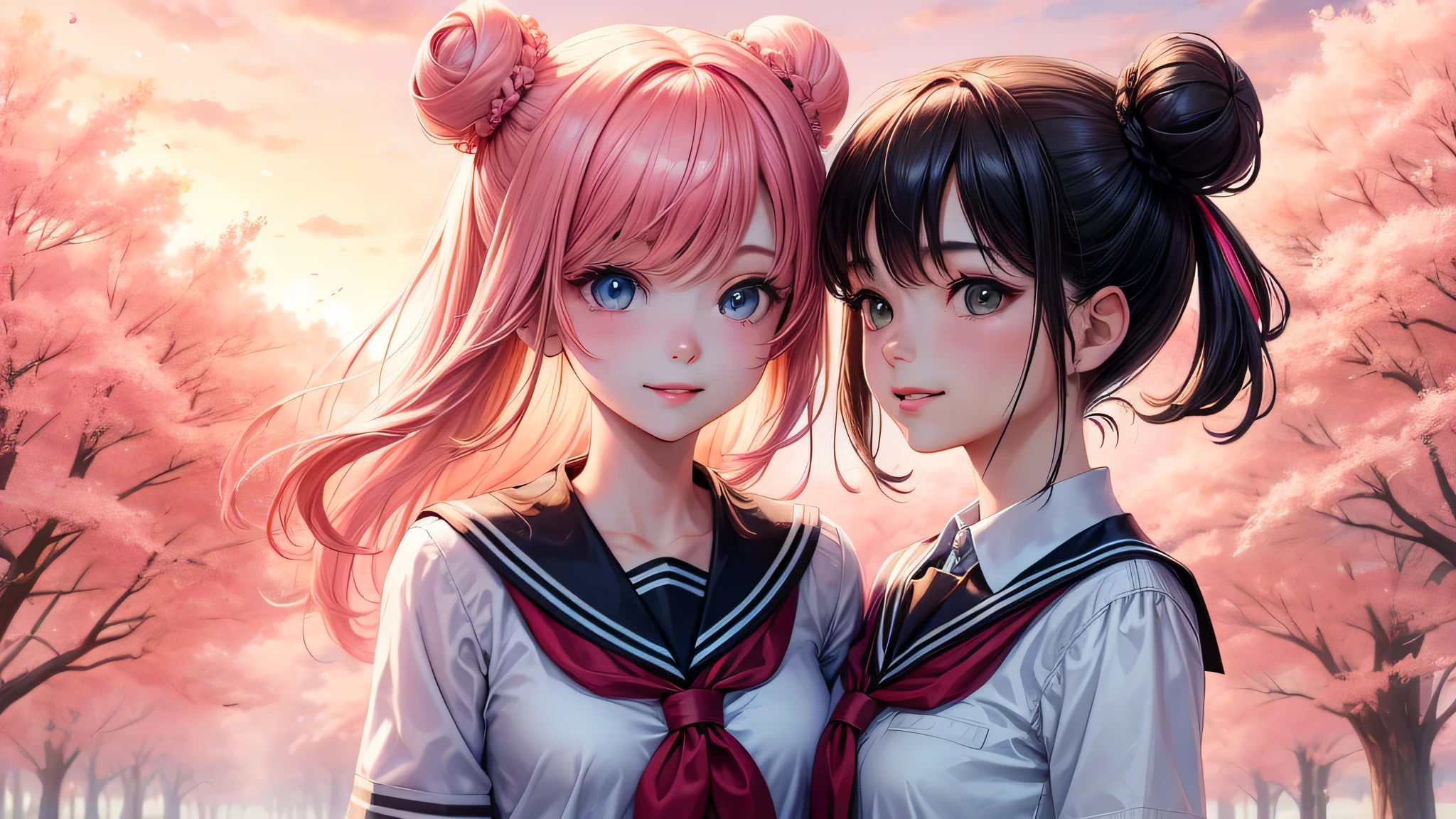 (2 girls:1.2), cute face, shining smile, (double buns:1.2), (school uniform, mini skirt:1.2), (highest quality: 1.4), (Super detailed), (highest quality:1.4), (super detailed), (lush park), sunlight, cherry blossoms, (pink sky), beautiful rainbow sky, (anime illustration), very high resolution, (Upper body), close up face