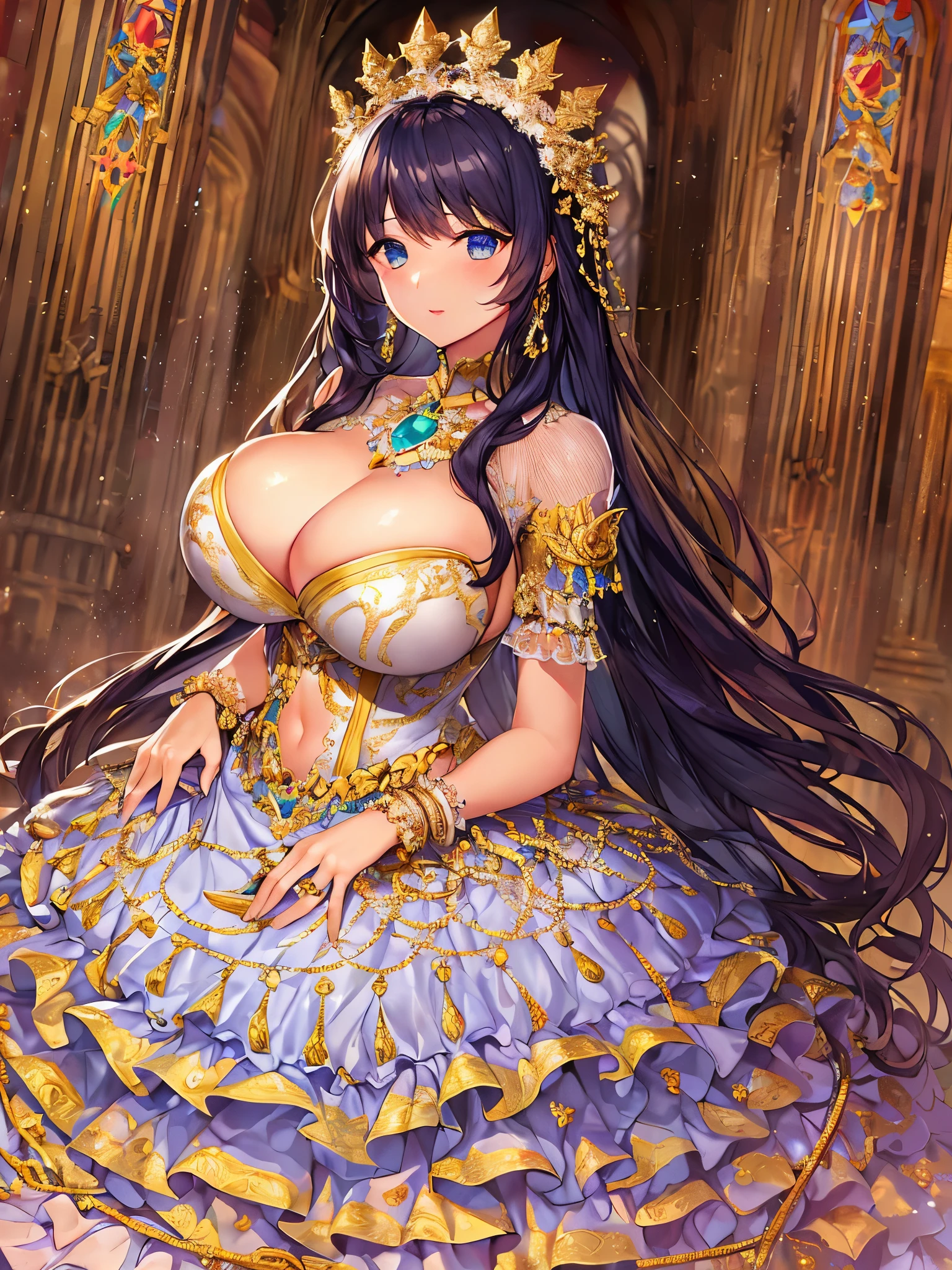anime artstyle,Masterpiece,Best Quality,Super Detail,Very Delicate and Beautiful,Solo,((full body)),full body portrait,((1 bling-bling princess in a gorgeous embroidery rococo ballgown with jeweled)),(((very very gigantic tits,cleavage,curvy))),Skindentation,((Cathedral,church)),((crinoline,long train)),super detailed gorgeous ballgown with voluminous full length hoop skirt,gorgeous princess rococo ballgown with long train,((gorgeous princess rococo ballgown with beautiful embroidery and jeweled)),(detailed face and eyes),jewel-like eyes,((extremely voluminous straight Hair,Extremely Long Straight Hair)),extremely gorgeous hair ornament,((extremely gorgeous bling-bling big tiara)),bling-bling luxurious jewelry,Beautifully detailed lots of lace and ruffles,(Dynamic Angle),(((super detailed gorgeous princess rococo ballgown with voluminous full length hoop skirt))),full body