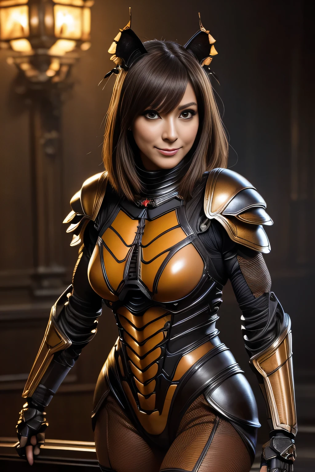 (High resolution,masterpiece,highest quality,Very detailed CG, anime, official art:1.4), realistic, photograph, amazing detail, everything is complicated, shiny and glossy,Amazing number of layers, 8K wallpaper, 3D, sketch, cute, figure,( alone:1.4), perfect female proportions,villain&#39;s daughter, (Fusion of dark brown cockroach and lady:1.4), (brown cockroach woman:1.2), (brown cockroach woman:1.2), (Fusion:1.2), (alone:1.4), (evil smile:1.2), muscular, abs, (Cockroach brown exoskeleton bio insect suit:1.4), (Cockroach brown exoskeleton bio insect armor:1.2), (brown transparent cockroach feathers:1.4), (Antennae of brown cockroaches:1.3),