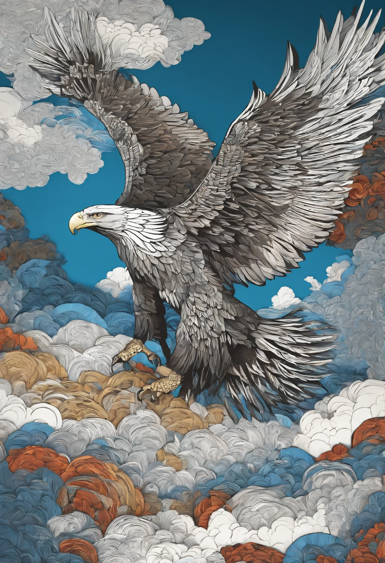 abstract art, Flapping in the sky,1 large eagle,Flying in the blue sky,,fractal art,colorful,
style swirl magic, (masterpiece, 最high quality, high quality, High resolution, super detailed),