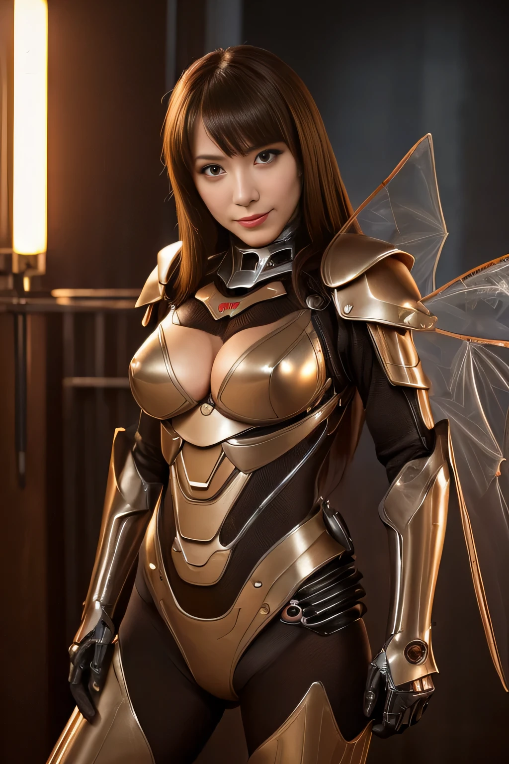 (High resolution,masterpiece,highest quality,Very detailed CG, anime, official art:1.4), realistic, photograph, amazing detail, everything is complicated, shiny and glossy,Amazing number of layers, 8K wallpaper, 3D, sketch, cute, figure,( alone:1.4), perfect female proportions,villain&#39;s daughter, (Fusion of dark brown cockroach and lady:1.4), (brown cockroach woman:1.2), (brown cockroach woman:1.2), (Fusion:1.2), (alone:1.4), (evil smile:1.2), muscular, abs, (Cockroach brown exoskeleton bio insect suit:1.4), (Cockroach brown exoskeleton bio insect armor:1.2), (brown transparent cockroach feathers:1.4), (Antennae of brown cockroaches:1.3),