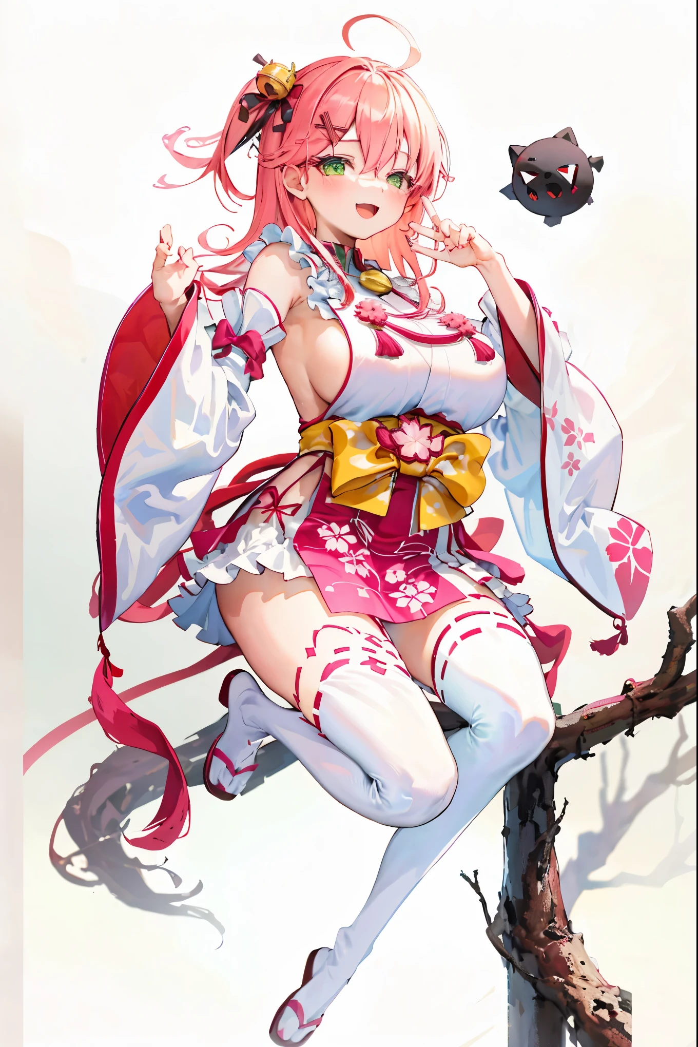 masterpiece, best quality, highres, miko1, sakura_miko, 1girl, green eyes, solo, ahoge, x_hair_ornament, pink_hair, floral print, hairclip,side_less_clothes, (sideboobs:1.4), hair_bell, floral print, long_hair, hair between eyes, one side up, white thighhighs, asymmetrical legwear, wide sleeves, open_mouth,happy,close_eyes, smile,jumping,rising_leg,plump,apart_legs,(overly_long_sleeves:1.1),(beautiful_fingers),sleeves_past_wrists,hands_hidden_sleeves