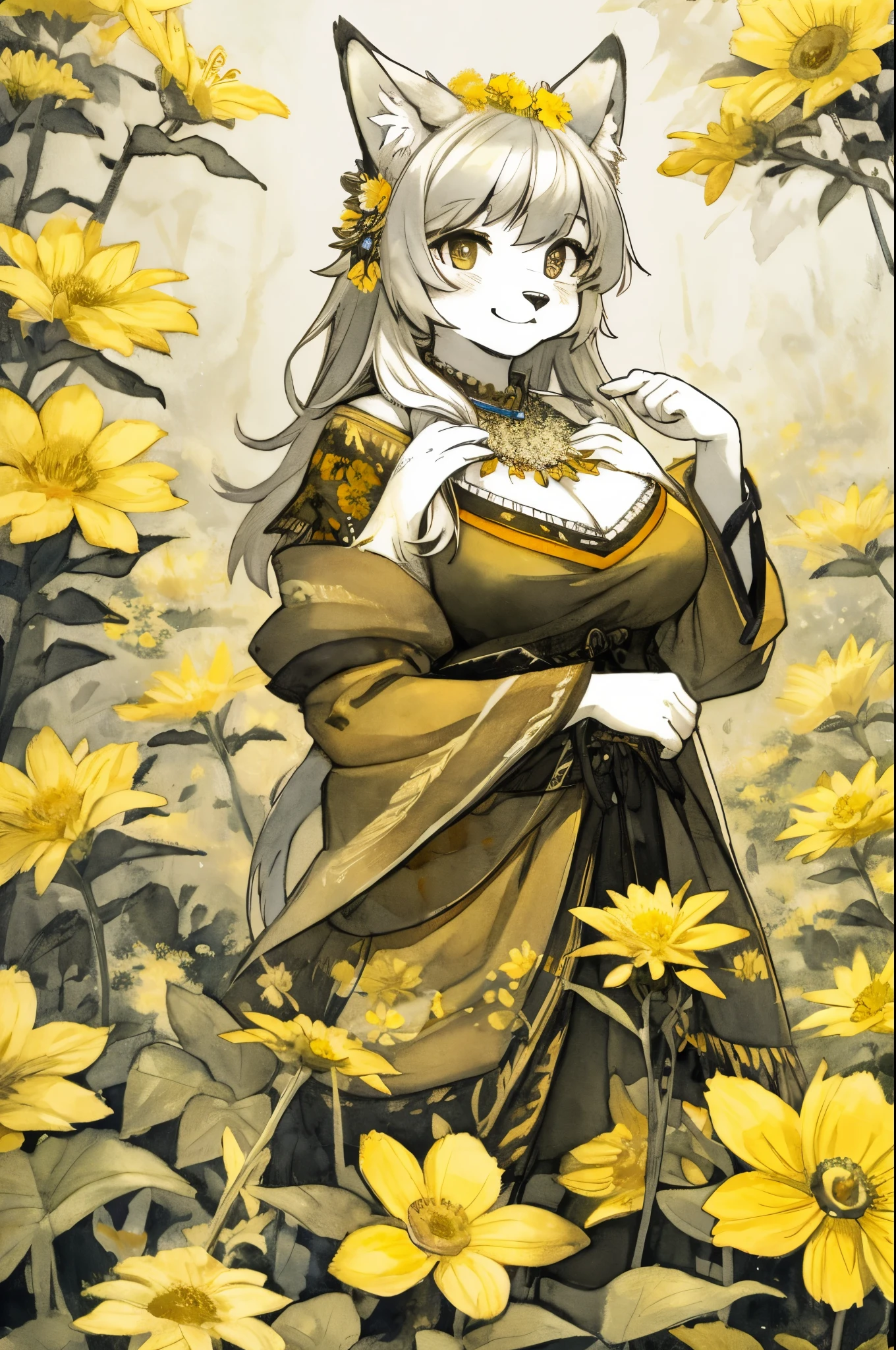 monochrome, watercolor, highres, top quality, best quality, paid reward available, High-quality illustrations, unparalleled masterpiece, perfect artwork, absurdres, 1girl, kemono, furry, detailed body fur, animal face, animal hand, Archaic Smile, holding a cluster of  yellow flower in both hands, which are positioned at chest level, She is wearing a simple ring on the ring finger of her left hand, unfocused spread of yellow flower, fan-created work shared on platforms Pixiv or Twitter,