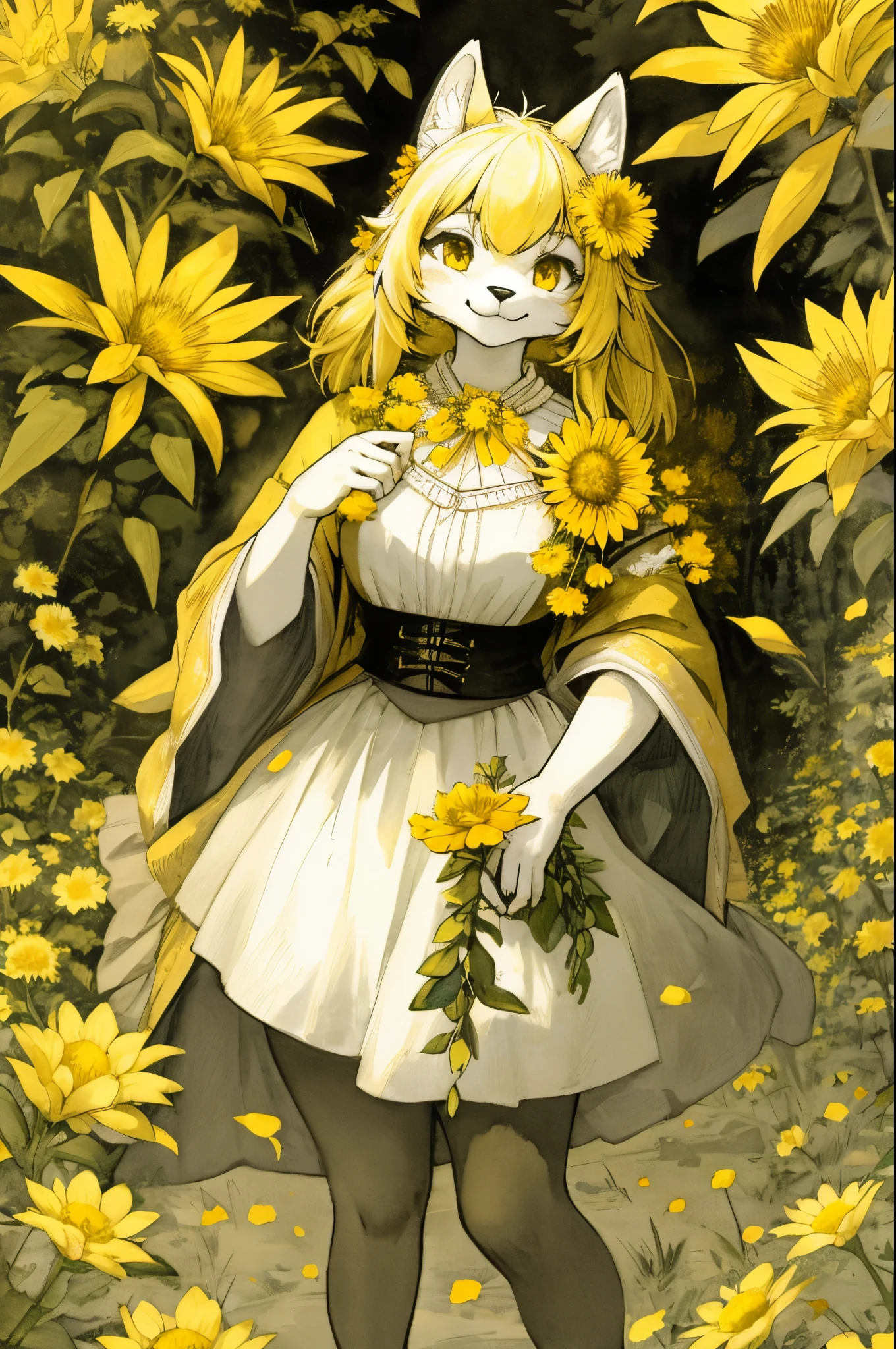 monochrome, watercolor, highres, top quality, best quality, paid reward available, High-quality illustrations, unparalleled masterpiece, perfect artwork, absurdres, 1girl, kemono, furry, detailed body fur, animal face, animal hand, Archaic Smile, holding a cluster of yellow flower in both hands, which are positioned at chest level, She is wearing a simple ring on the ring finger of her left hand, unfocused spread of yellow flower, fan-created work shared on platforms Pixiv or Twitter,