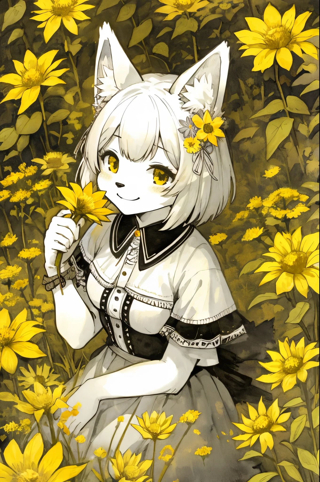 monochrome, watercolor, highres, top quality, best quality, paid reward available, High-quality illustrations, unparalleled masterpiece, perfect artwork, absurdres, 1girl, kemono, furry, detailed body fur, animal face, animal hand, Archaic Smile, holding a cluster of yellow flower in both hands, which are positioned at chest level, She is wearing a simple ring on the ring finger of her left hand, unfocused spread of yellow flower, fan-created work shared on platforms Pixiv or Twitter,