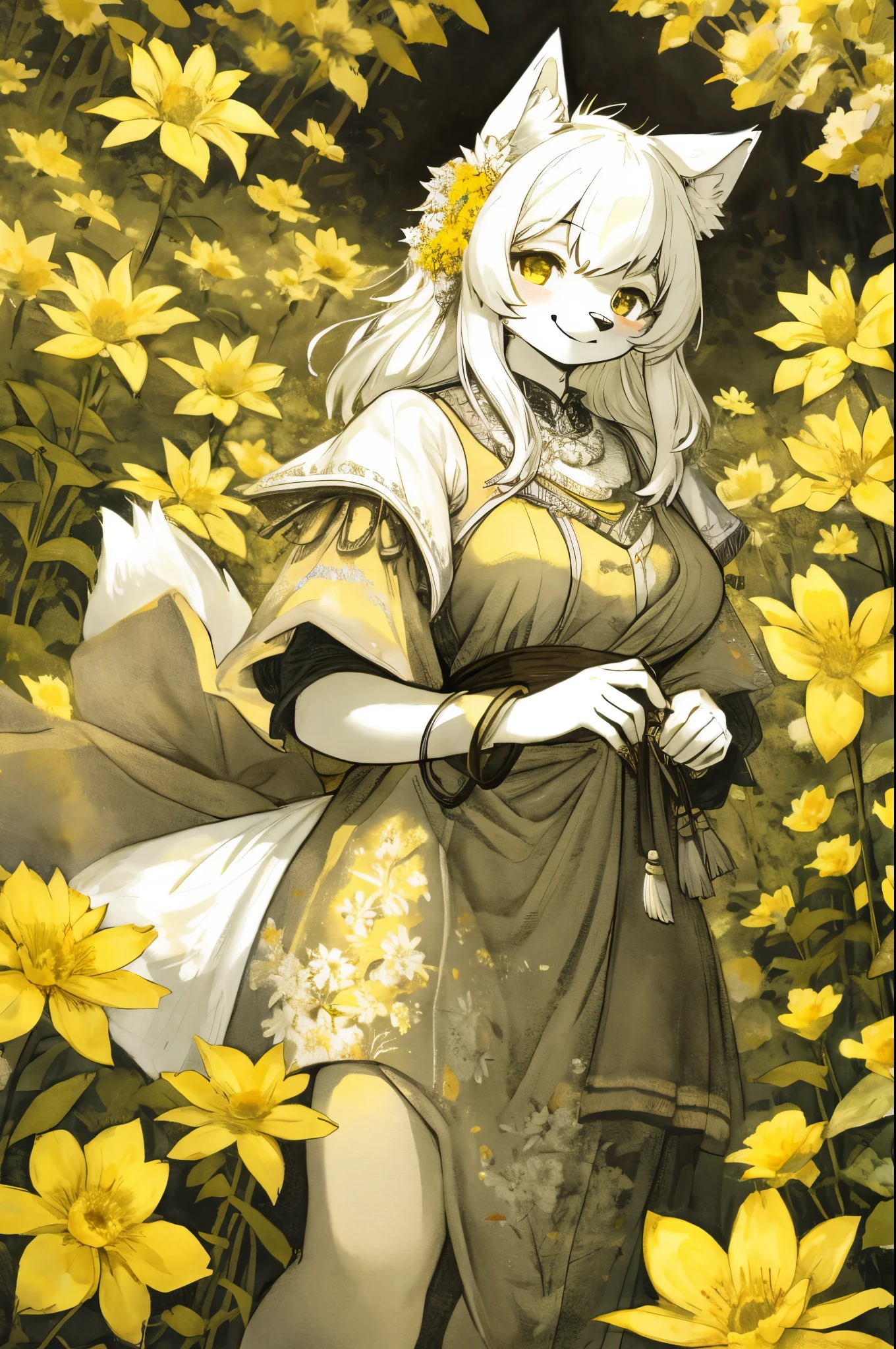 monochrome, watercolor, highres, top quality, best quality, paid reward available, High-quality illustrations, unparalleled masterpiece, perfect artwork, absurdres, 1girl, kemono, furry, detailed body fur, animal face, animal hand, Archaic Smile, holding a cluster of yellow flower in both hands, which are positioned at chest level, She is wearing a simple ring on the ring finger of her left hand, unfocused spread of yellow flower, fan-created work shared on platforms Pixiv or Twitter,