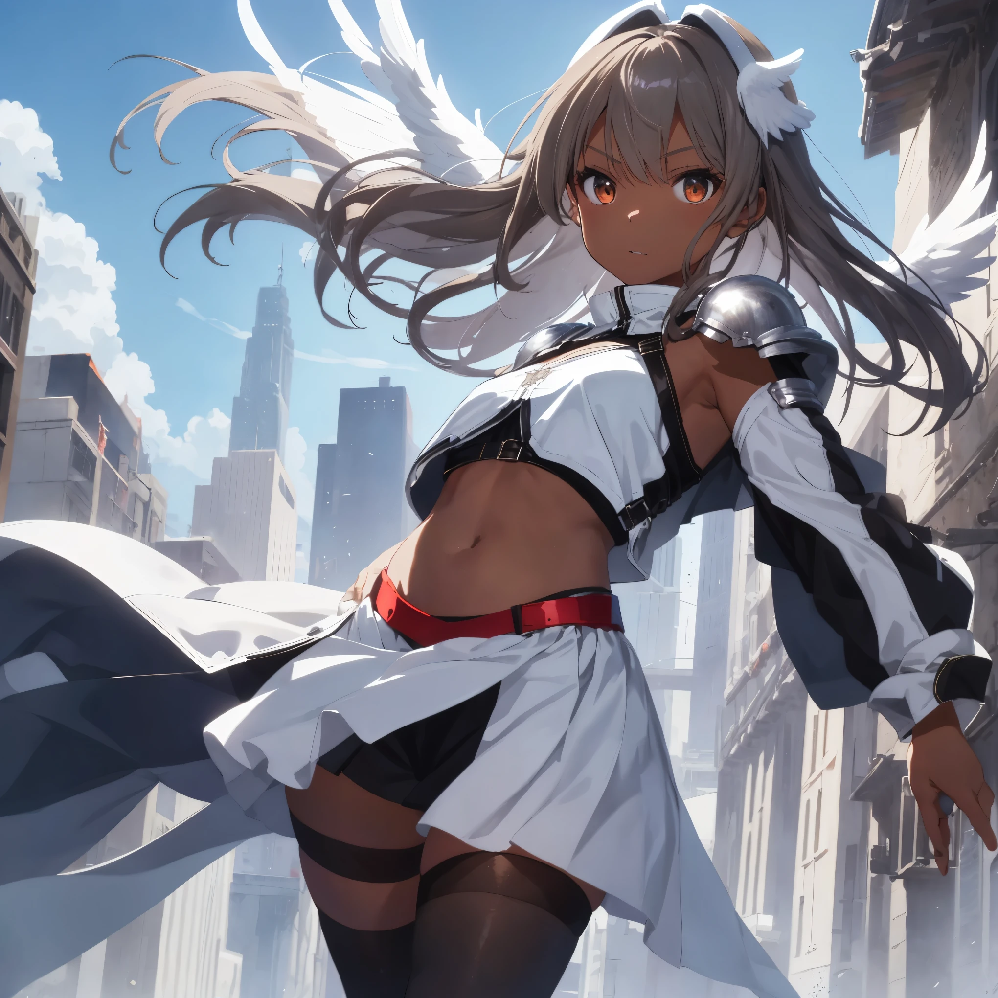 fantasy, 1angel_girl, low_teen, brown_hair, medium_bob_hair,long_bangs, (dark_skin)+, bare_shoulder, navel out, thighhighs,silver_shiny_armor, white_clothes,waist_armor, Glebe, hold_shiny_swords, medium_breasts, Angry, dynamic_pose_fighting,Floating, (1pair_white_wings,pelvic_curtain)++, Headgear ,city_sky_background,,slightly_spread_legs, multiple_shiny_swords_floating_around_the_girl