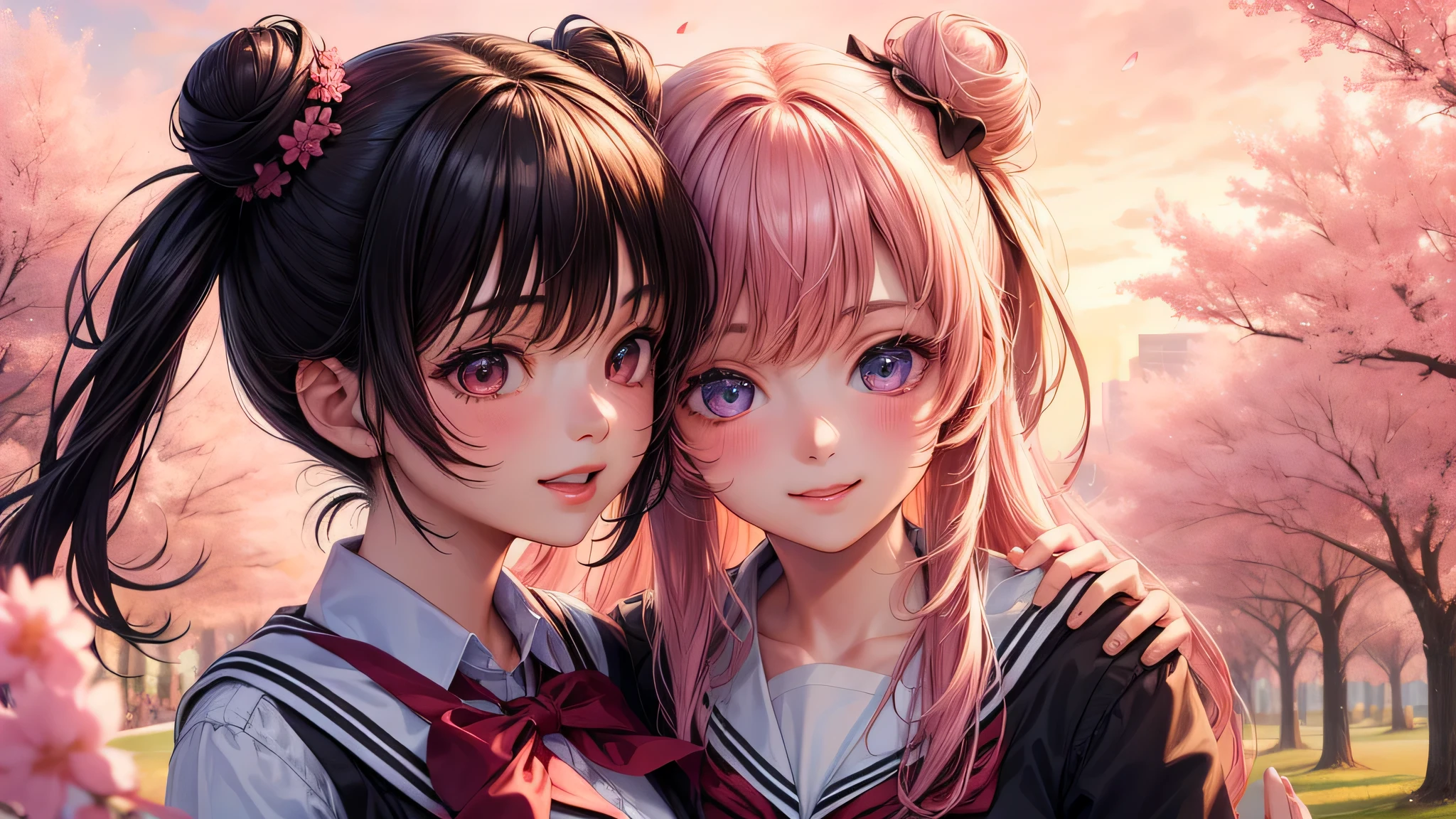 (2 girls:1.2), cute face, shining smile, (double buns:1.2), (school uniform, mini skirt:1.2), (highest quality: 1.4), (Super detailed), (highest quality:1.4), (super detailed), (lush park), sunlight, cherry blossoms, (pink sky), beautiful rainbow sky, (anime illustration), very high resolution, (Upper body), close up face