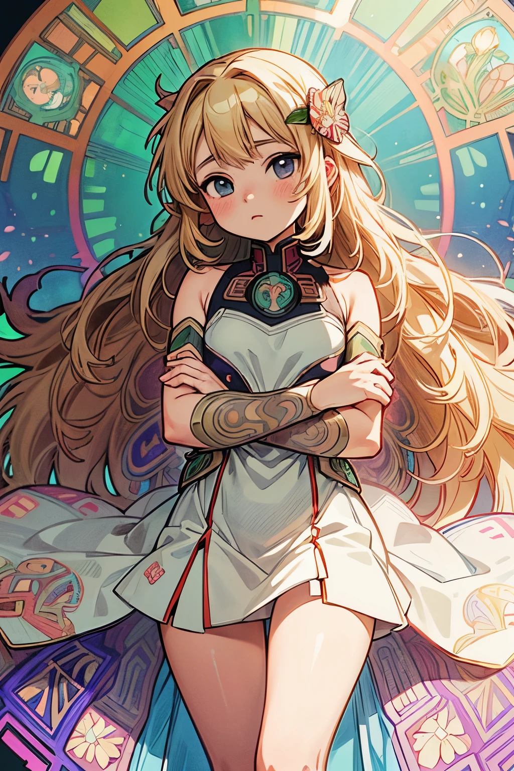 ((Masterpiece)), (Anime:1.5), ((best quality)), (RAW photo:1.2), (High Definition:1.3), (Professional Photography:1.2), (chromatic aberration), 1girl, ((12 years old)), arms folded, folded arms, white dress, (by mucha:1.5), detailed background, art deco, Botanical Art, Floral Art, (floral:1.2), vibrant colors, colorful, amazing details, anatomically correct, lineart, depth of fields,flat shading,bokeh, (wavy hair, blonde hair), (thighs), (small breast), Perfect style, Thin leg, (sots style),