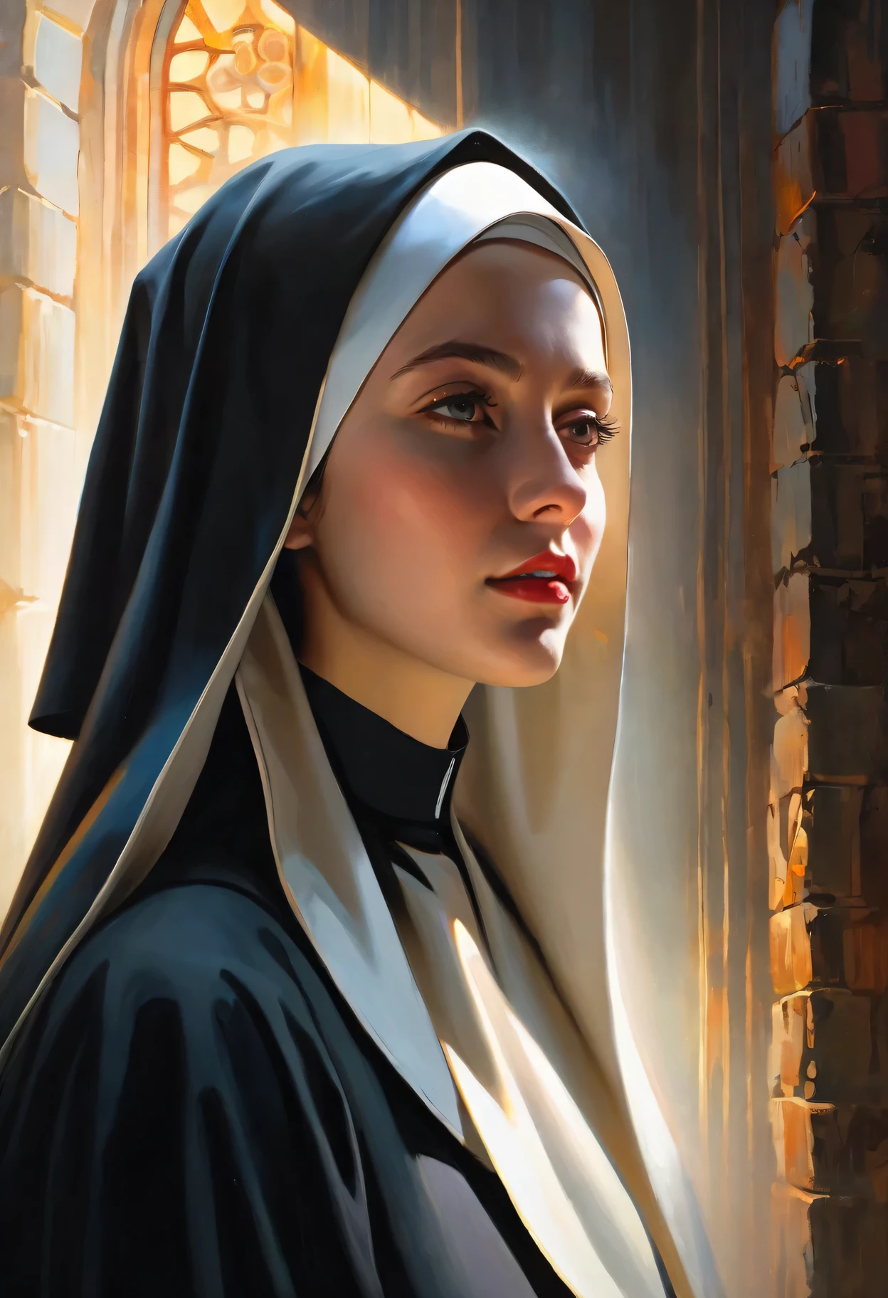 (painting),(best quality, 4k, masterpiece:1.2), Super detailed, (actual, photoactual:1.37), nun,mood lighting, bright colors, Tyndall effect, eager , imprisoned in time, emotional expression, Complex brushstrokes, hidden layers of meaning, Contrast texture, evocative shadow, Emotional turmoil, melancholic atmosphere, unforgettable beauty, drama composition, powerful storytelling, Fascinating details, subtle gradient, Rich visual narrative, ethereal atmosphere, mysterious atmosphere, mysterious aura, Depth and size, Surreal elements