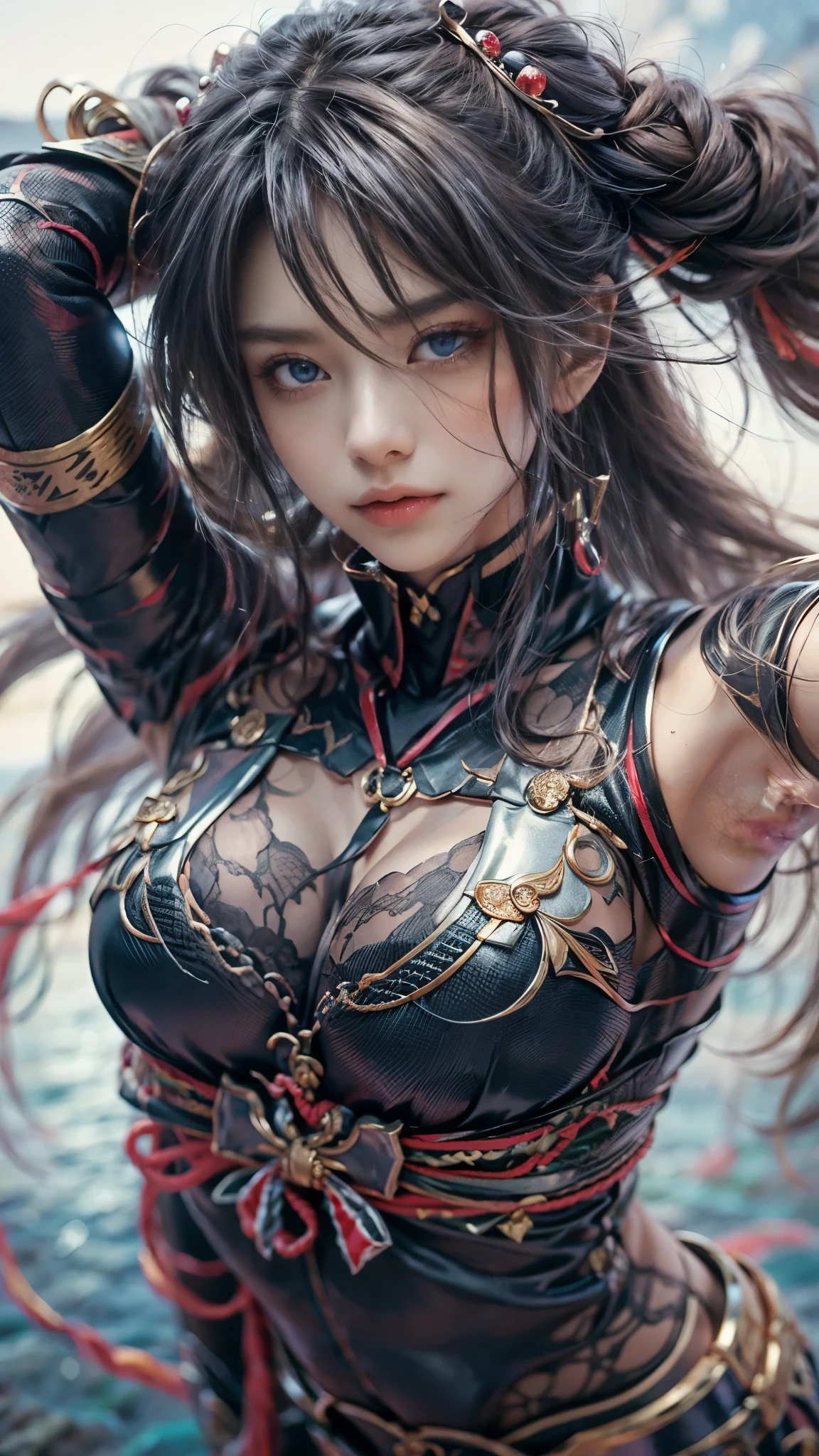 masterpiece,Game Art,Best picture quality,Maximum resolution,8k,(portrait),Unreal Engine 5 rendering works,(Digital Photography),
girl,Colored Contact Lenses,(Gradient short hair blue red),plump,(Large Breasts),(portrait photography:1.5),
(chivalrous women of tang dynasty),casual hairstyle,Exquisite face,(plump breasts,Large Breasts),Serious,Cool and elegant,(Wear combat armor with Chinese costume characteristics,complex patterns,Mysterious light,hollow armor),(Red and black),Ancient fantasy style character movie lighting，Ray Tracing，Game CG，((3D Unreal Engine))，oc render reflection texture