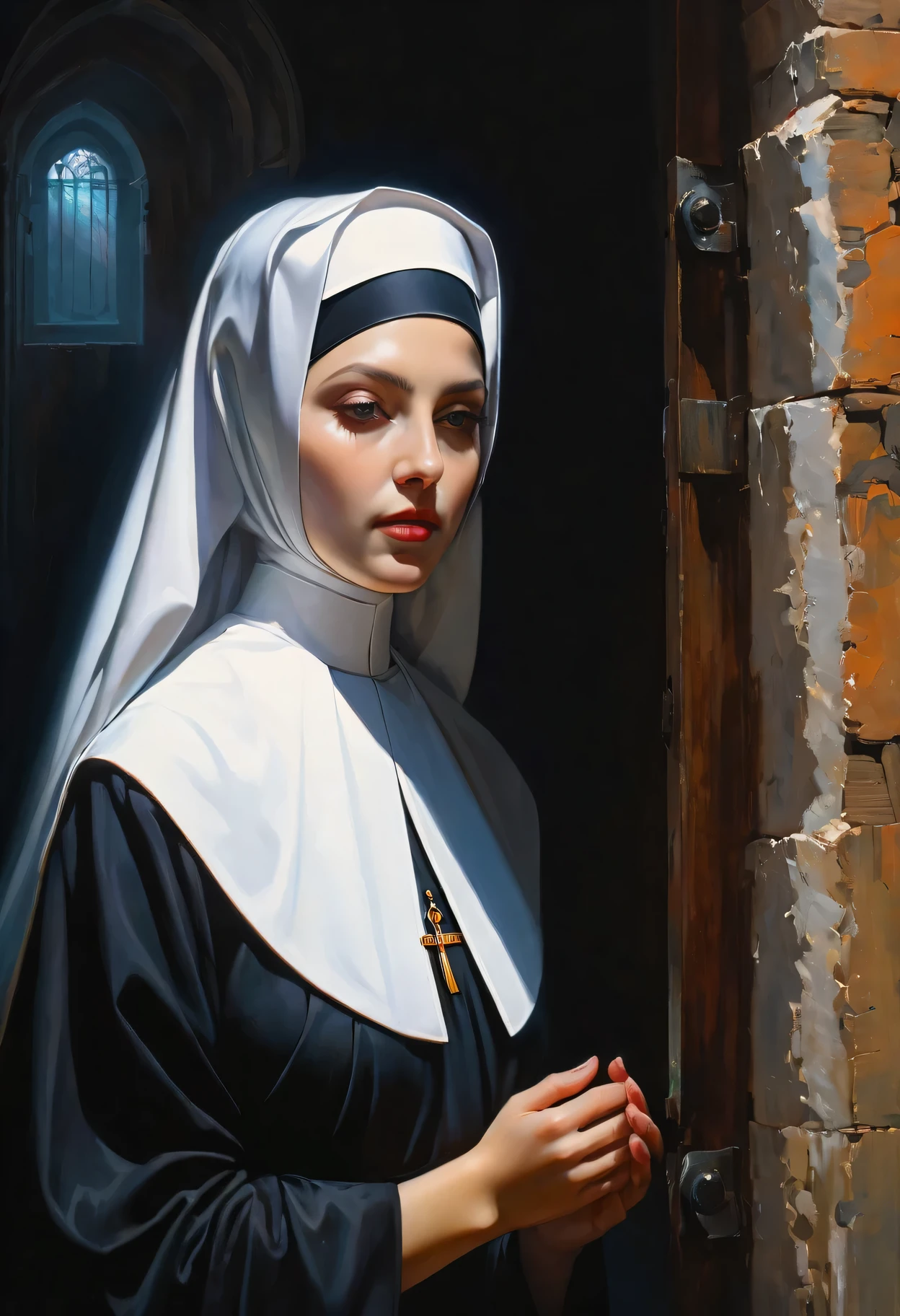 (painting),(best quality, 4k, masterpiece:1.2), Super detailed, (actual, photoactual:1.37), nun,mood lighting, bright colors, (Tyndall effect), eager , imprisoned in time, emotional expression, Complex brushstrokes, hidden layers of meaning, Contrast texture, evocative shadow, Emotional turmoil, melancholic atmosphere, unforgettable beauty, drama composition, powerful storytelling, Fascinating details, subtle gradient, Rich visual narrative, ethereal atmosphere, mysterious atmosphere, mysterious aura, Depth and size, Surreal elements