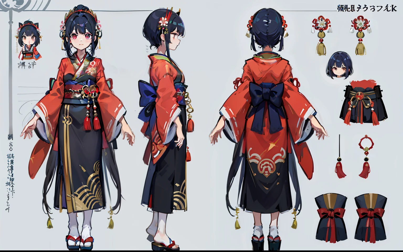 1 person, Reference sheet, (fantasy character design, front, return, ~ side) girl, kimono, japanese goddess, royal kimono