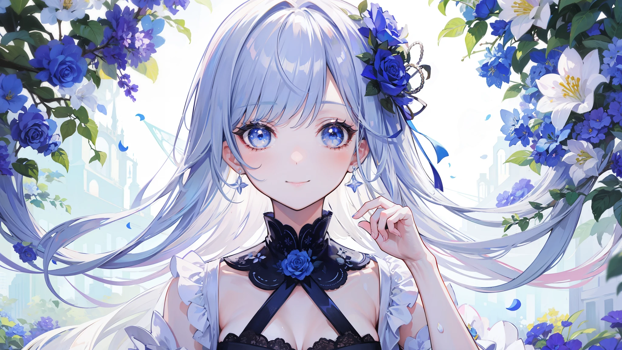 32k, highest quality, expensive_solve, clear_image, detailed background, girl, flower, garden, starry sky, Beautiful modeling, smile, close up of face,