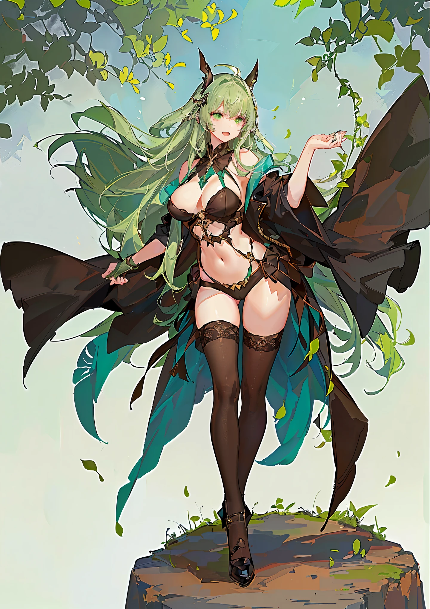 fantasy, 1forest_elemental_girl,(dark_skin:0.9), (using_leaves_clothes:1.1), green_leaves_covered_breasts, leaves_covered_pussy,covered_nipples,(gigantic_heavy_tits:1.1), walking, smile, sleepy, medium_hair, navel oil, (winding_vine_around_torso:1.1), forest_background, leaves_headgear, green_leaves_cape, spread_arms, large_staff, leaves_thighhighs, big_ass,solo,(pelvic_curtain:1.2), tabard,(plump:0.8),