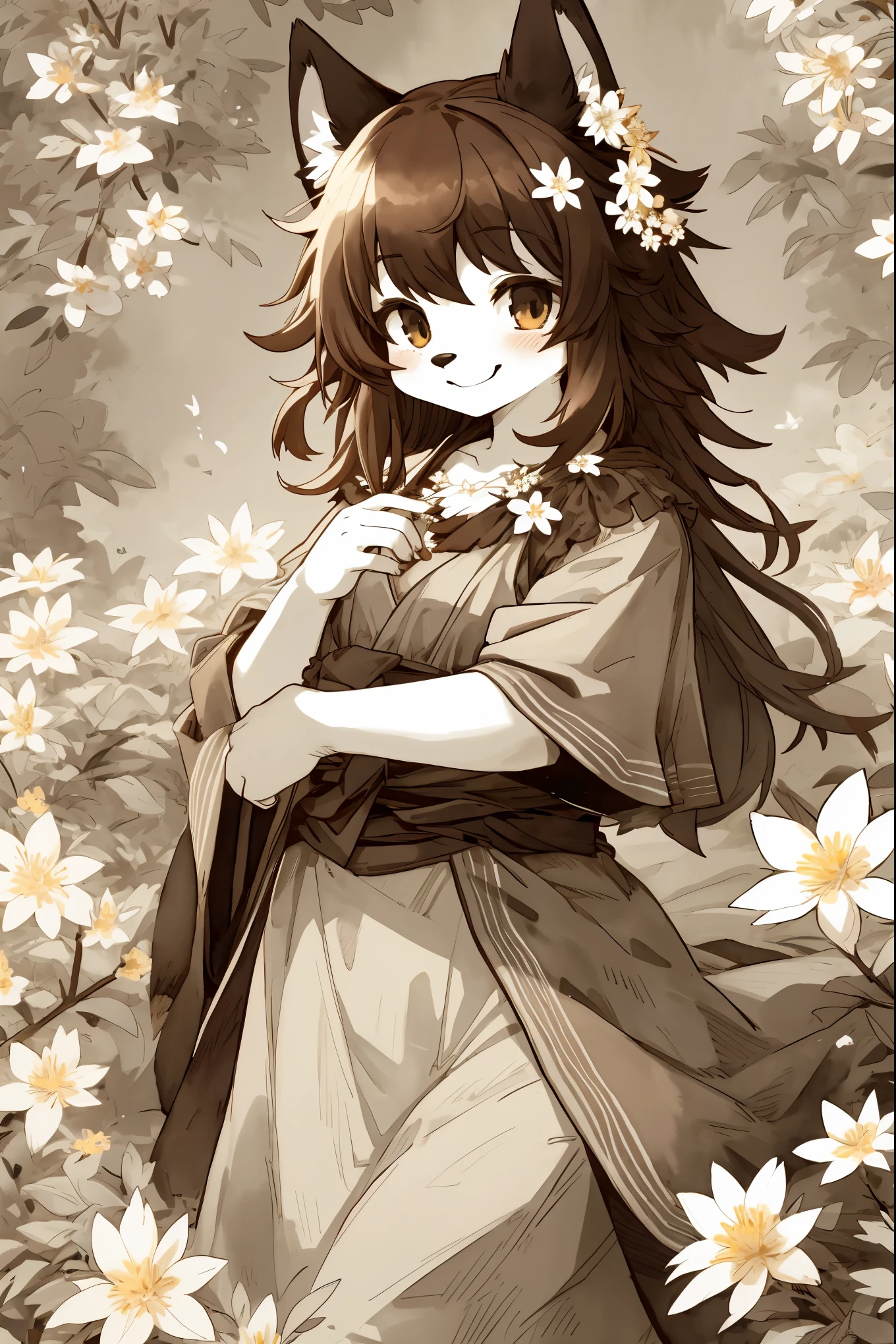 monochrome, watercolor, highres, top quality, best quality, paid reward available, High-quality illustrations, unparalleled masterpiece, perfect artwork, absurdres, 1girl, kemono, furry, detailed body fur, animal face, animal hand, Archaic Smile, holding a cluster of brown flower in both hands, which are positioned at chest level, She is wearing a simple ring on the ring finger of her left hand, unfocused spread of brown flower, fan-created work shared on platforms Pixiv or Twitter,