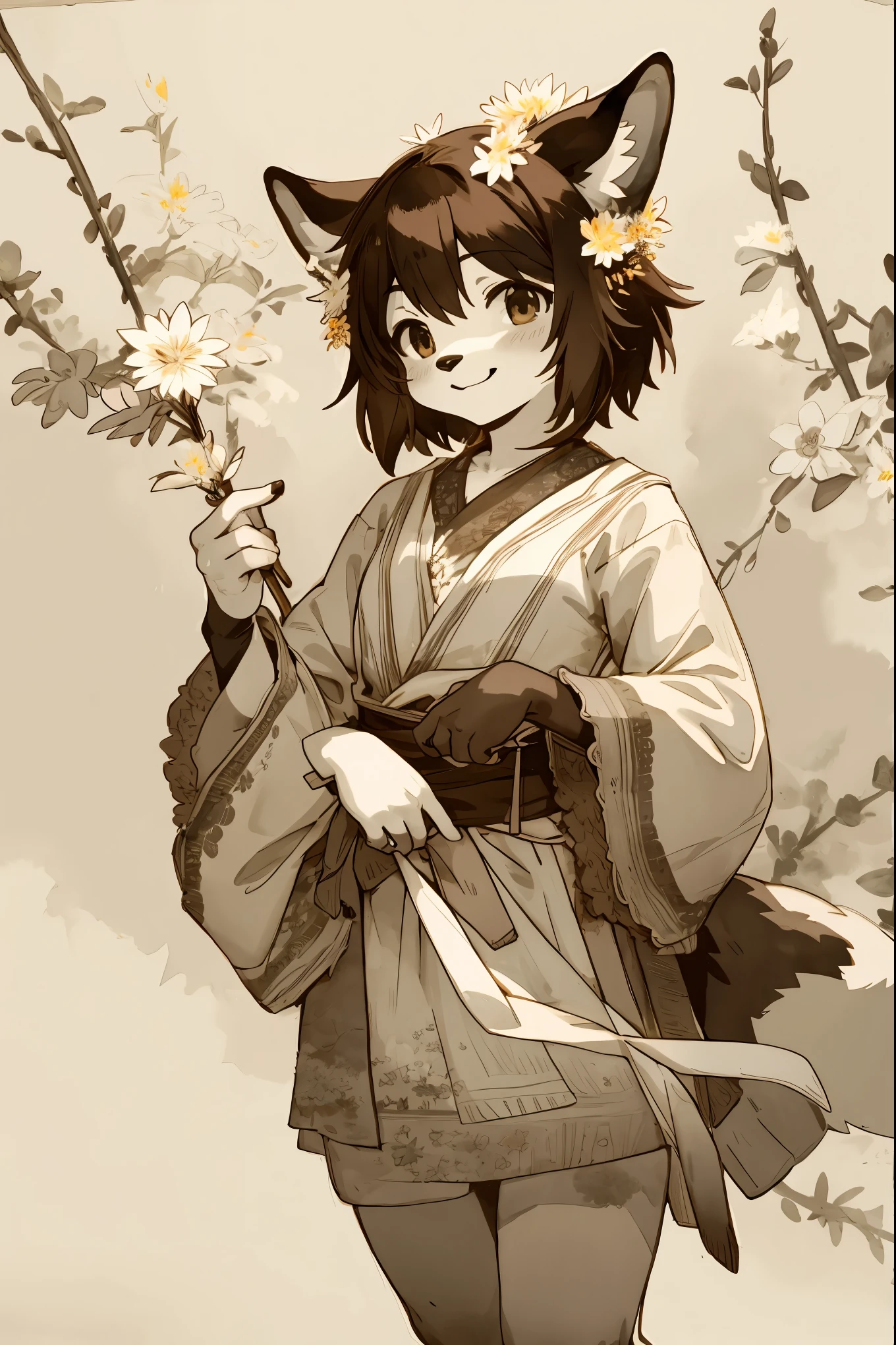 monochrome, watercolor, highres, top quality, best quality, paid reward available, High-quality illustrations, unparalleled masterpiece, perfect artwork, absurdres, 1girl, kemono, furry, detailed body fur, animal face, animal hand, Archaic Smile, holding a cluster of brown flower in both hands, which are positioned at chest level, She is wearing a simple ring on the ring finger of her left hand, unfocused spread of brown flower, fan-created work shared on platforms Pixiv or Twitter,
