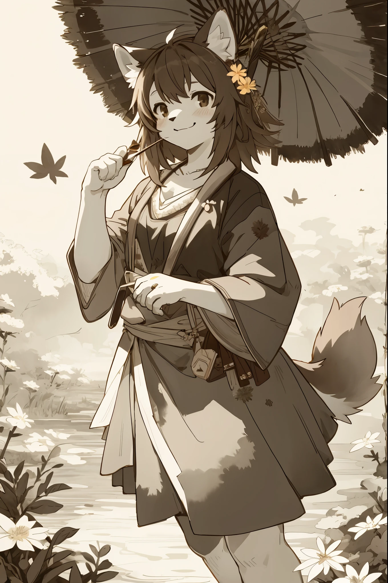 monochrome, watercolor, highres, top quality, best quality, paid reward available, High-quality illustrations, unparalleled masterpiece, perfect artwork, absurdres, 1girl, kemono, furry, detailed body fur, animal face, animal hand, Archaic Smile, holding a cluster of brown flower in both hands, which are positioned at chest level, She is wearing a simple ring on the ring finger of her left hand, unfocused spread of brown flower, fan-created work shared on platforms Pixiv or Twitter,