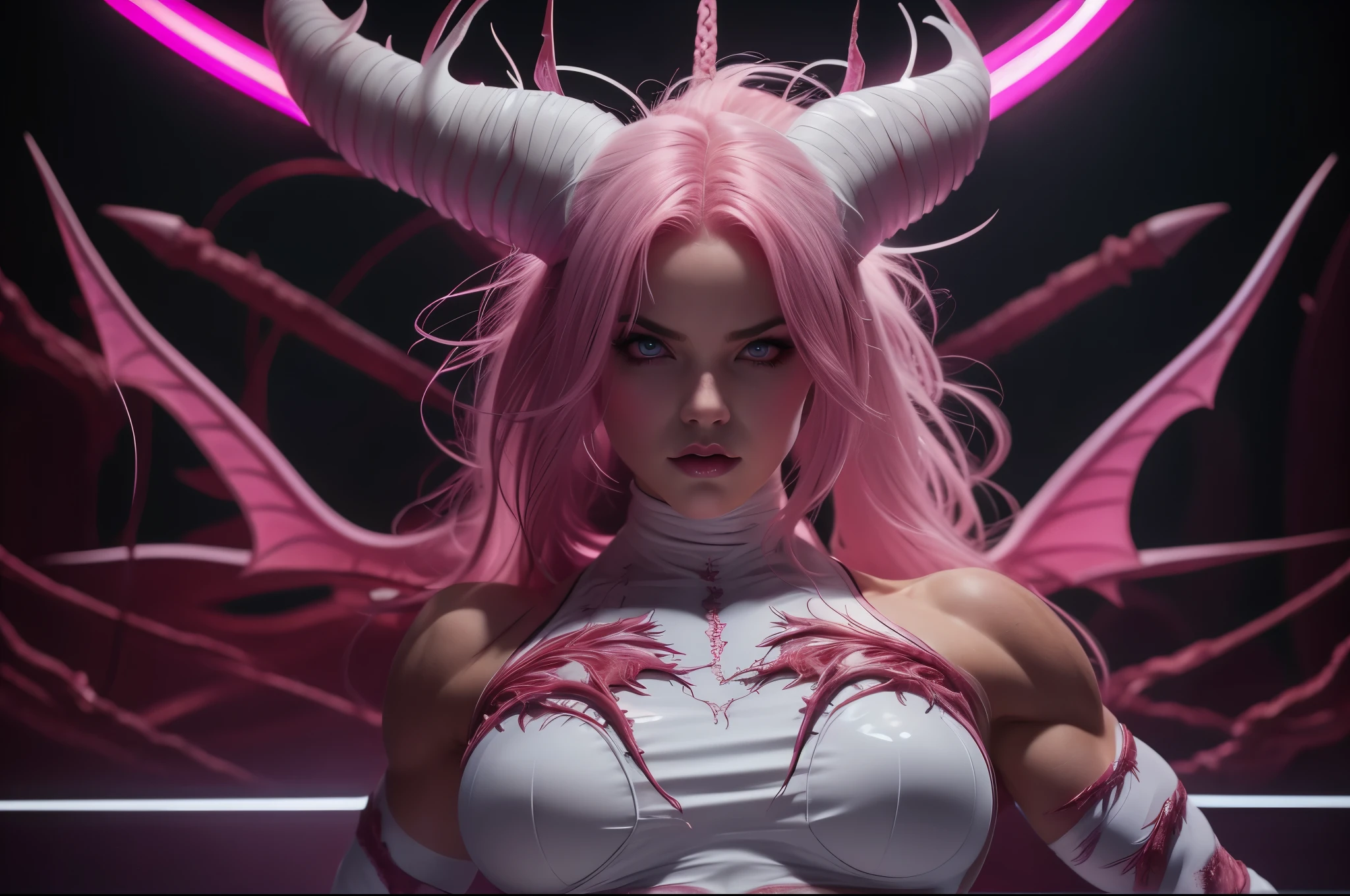 (beautiful pink demoness:1.5), (carnage:1.5),(beautiful female model:1.5), (white demoness with Large horns:1.25),(1 super muscular succubus with flayed skin:1.5), (covered in thick white muscle suit:1.5), (exposed perfect anatomy:1.5), high detail, best quality, masterpiece, finely detail, realistic skin texture, 85 mm art lens, f 1.2, sharp focus, 8 k high definition, insanely detailed, intricate, white background, pink hair, glowing white light in the background, saggy huge breasttt, beautiful face, pink hair, purple eyes, pink highlights