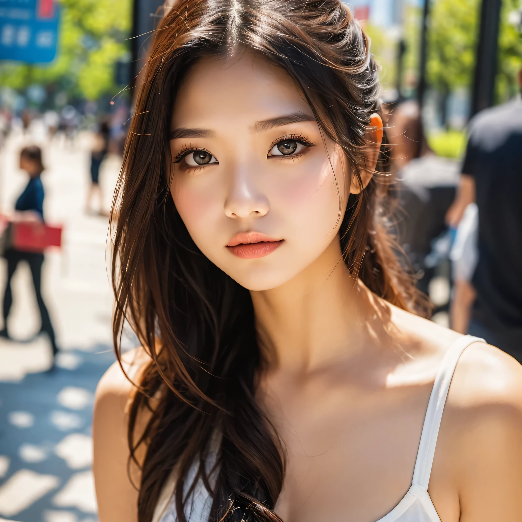 RAW photo, (best quality, 8k, 32k, masterpiece, UHD:1.2), ultra high resolution, (pretty a Korean  girl of 1eautiful detailed eyes, long brown hair, bangs, (wearing magenta tank-top), large breasts, cleavage, portrait, (crowded city boulevard on a sunny day:1.2), (detailed background:1.5)