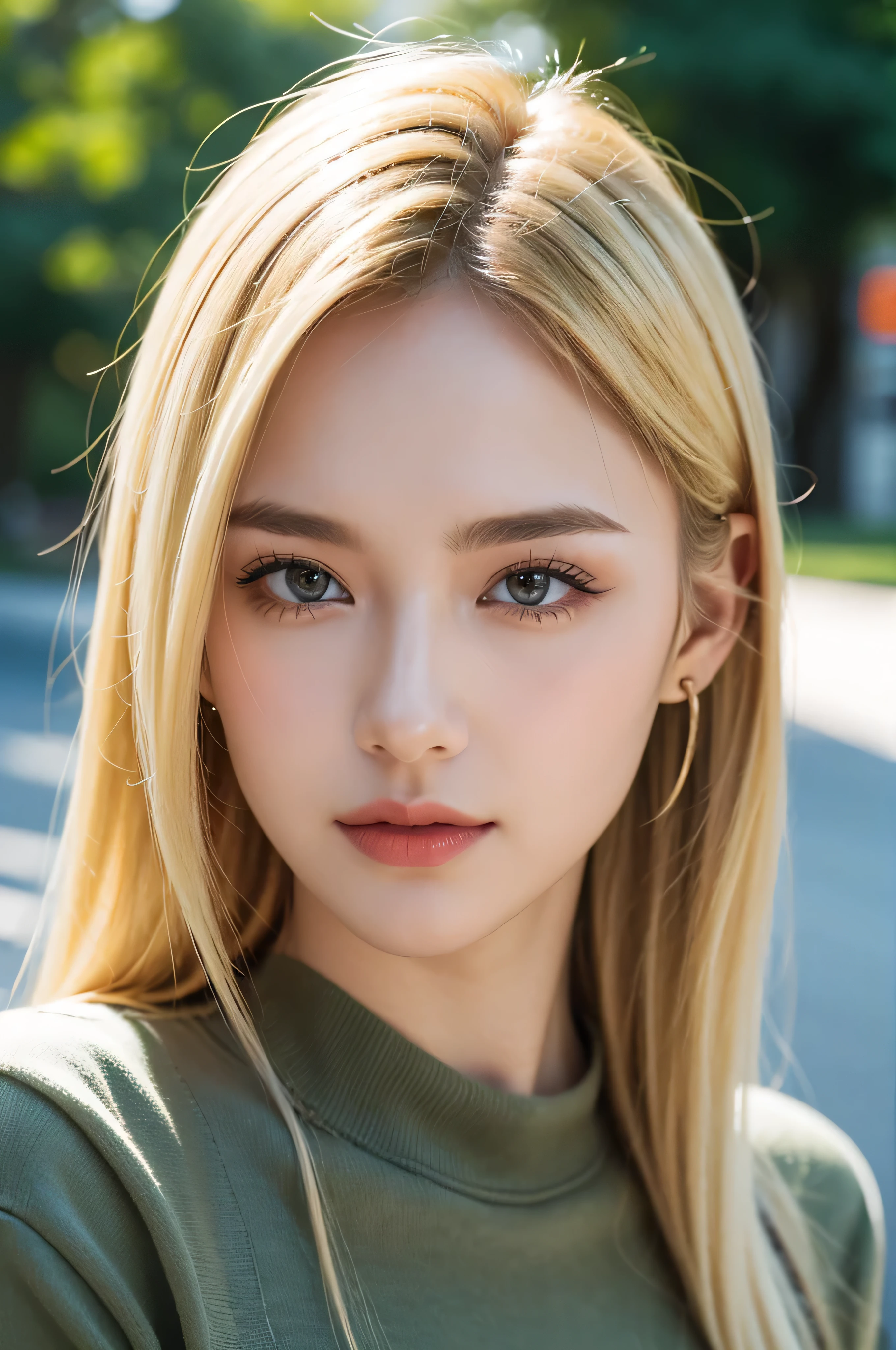 blonde hair, green eyes, casual wear, dynamic poses, close up, natural lighting, confident expression, bokeh background, high resolution.