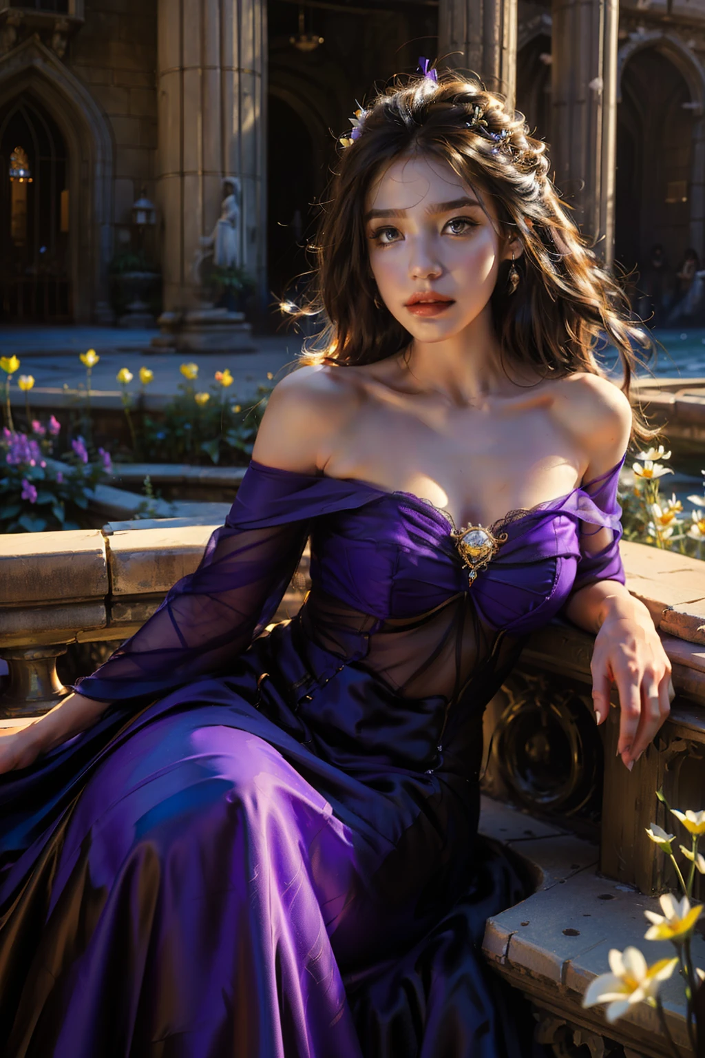 Fantasy, Gothic, light, garden, many flowers, a girl of about 20 years old with brown hair with wavy strands, plump lips, golden eyes, in a beautiful off-the-shoulder lilac ball gown of the late 19th century, looks like Jaina Proudmoore, hd