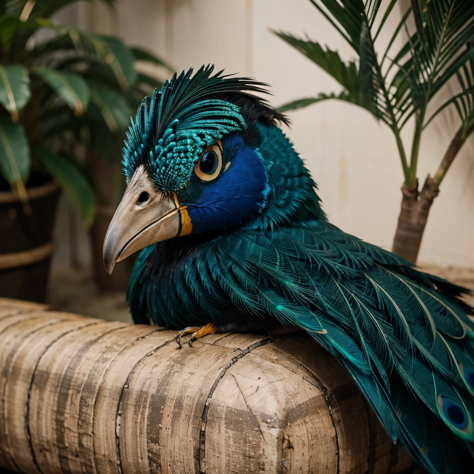 Uma ave com o seu tamanho sendo mediano. The top of its beak is long and with a slightly thin tip., while the bottom part is small and slightly thick.
Its tail is similar to a peacock, but it is medium size.
Its feathers are dark blue, com algumas listras amarelas e manchas circulares em tons de laranja
