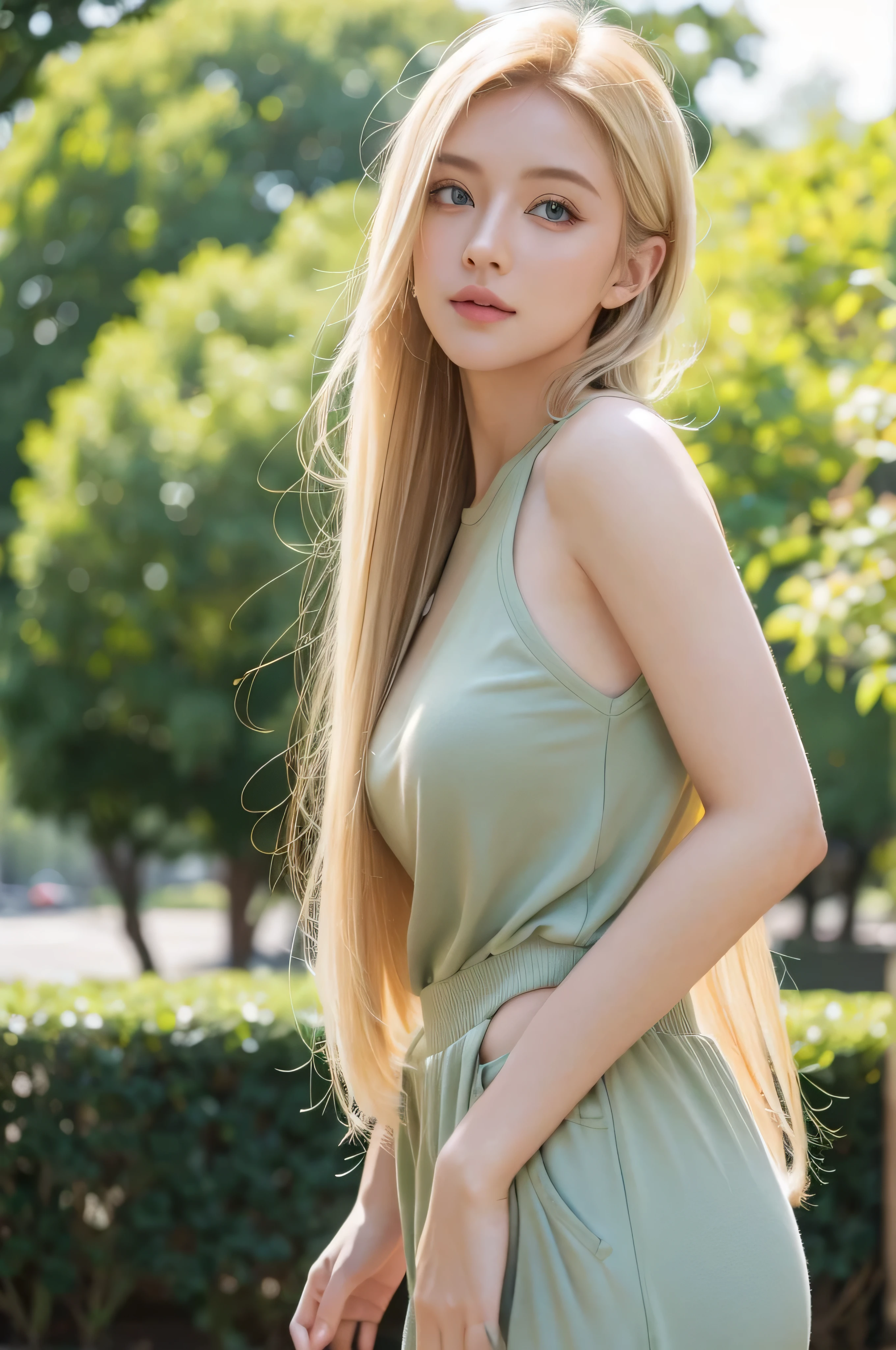 blonde hair, green eyes, casual wear, dynamic poses, close up, natural lighting, confident expression, bokeh background, high resolution.