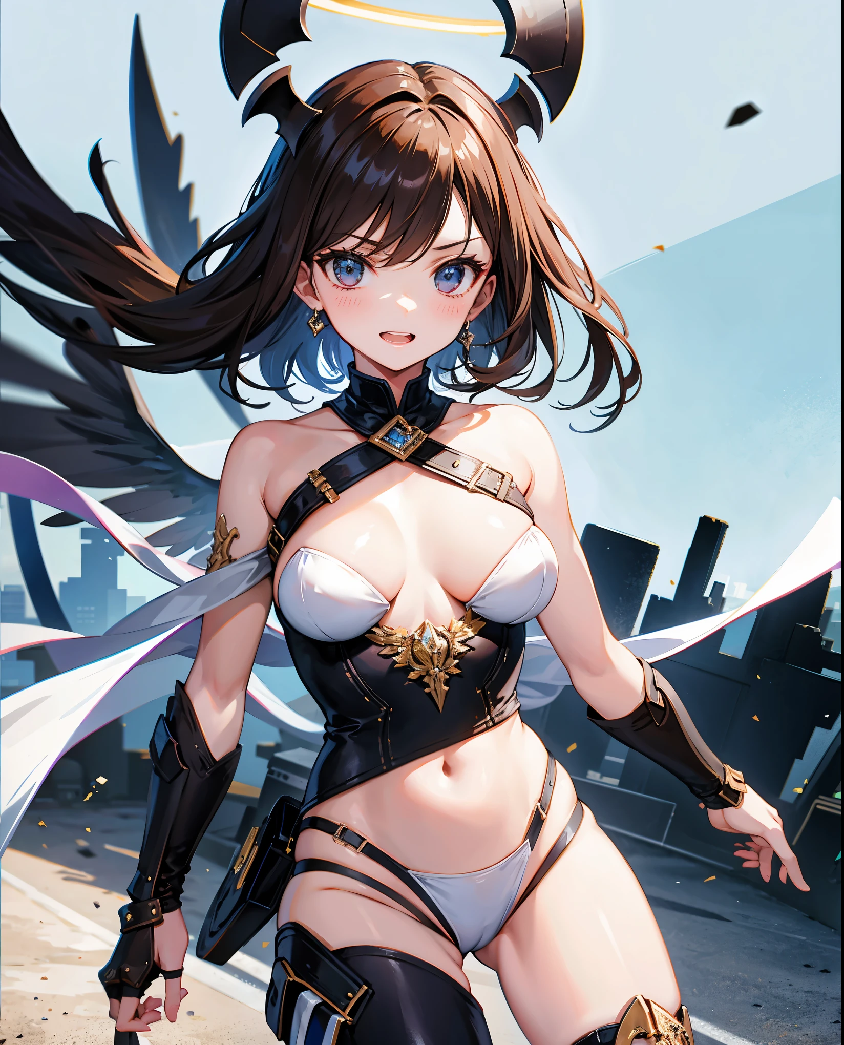 fantasy, 1angel_girl,, ,brown_hair, medium_bob_hair, long_bangs, halo,bare_shoulder,thighhighs,silver_armor, waist_armor, large_breasts,angry,grinning,open_mouth_teeth, 1pair_wings, dynamic_pose_fighting,floating, bare_crotch, headgear,gauntlet, greaves,city_background,slightly_spread_legs, solo, groin_naked,