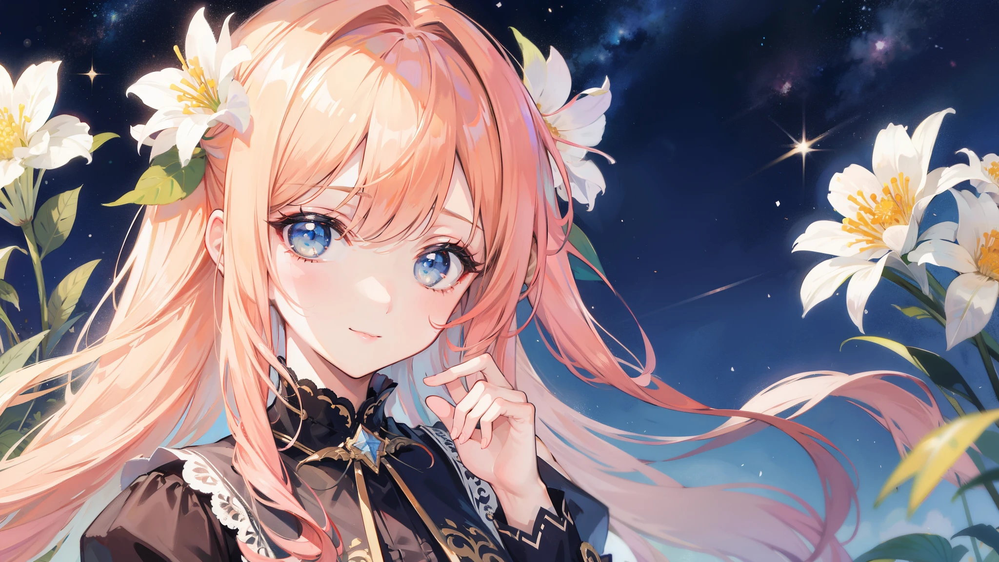 32k, highest quality, expensive_solve, clear_image, detailed background, girl, flower, garden, starry sky, Beautiful modeling, smile, close up of face,
