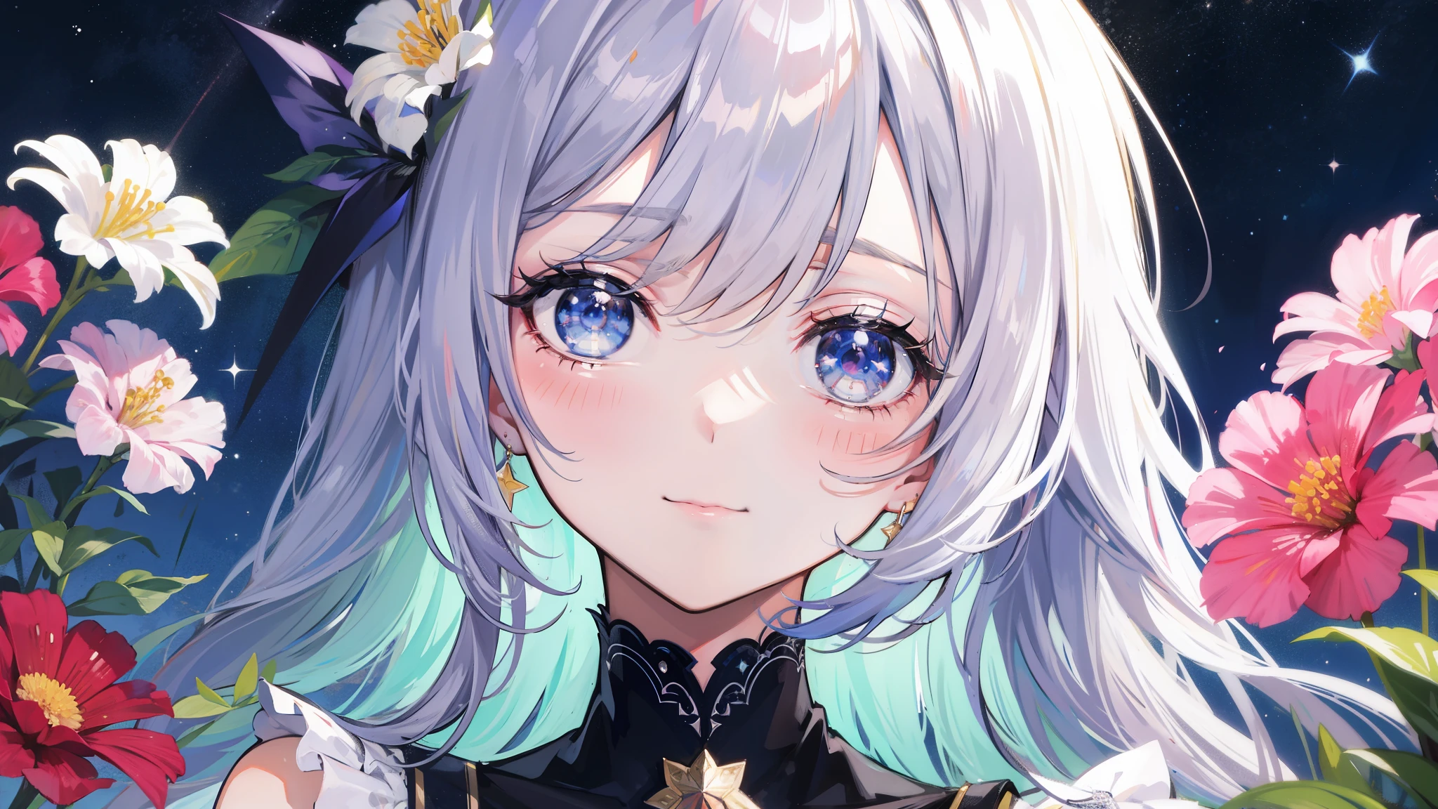 32k, highest quality, expensive_solve, clear_image, detailed background, girl, flower, garden, starry sky, Beautiful modeling, smile, close up of face, 