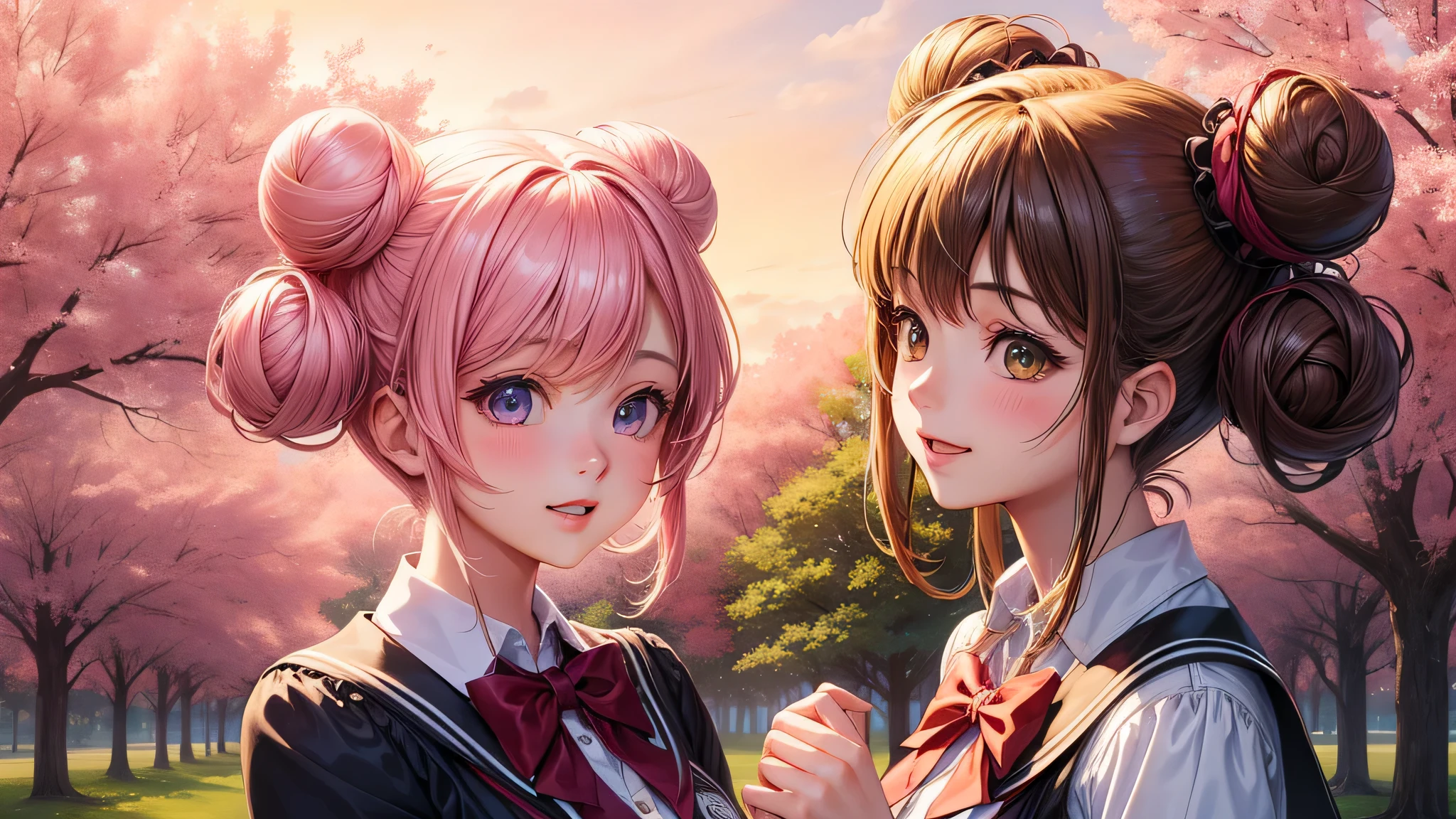 (2 girls:1.2), cute face, shining smile, (double buns:1.2), (school uniform, mini skirt:1.2), (highest quality: 1.4), (Super detailed), (highest quality:1.4), (super detailed), (lush park), sunlight, cherry blossoms, (pink sky), beautiful rainbow sky, (anime illustration), very high resolution, (Upper body), close up face