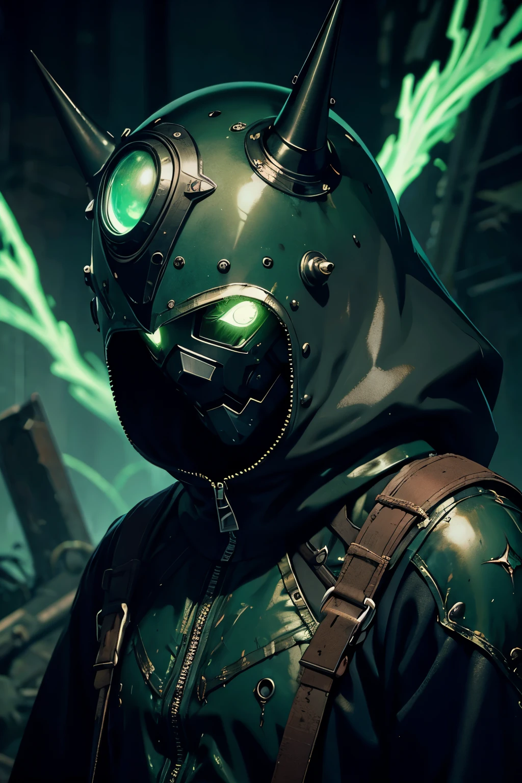 ((gloomy biopunk horror atmosphere)), (biopunk monster man), cone shaped head, brightly glowing light green sharp eyes, (8 eyeany eyes), (pale iron cone closed helmet), closed cloak, dark brown closed clothing, gloomy cold lighting, cold lights, (scorn videogame style), horror atmosphere, (presence of something terrible), highly detailed biopunk background, background by Hans Giger, perfect anatomy, masterpiece