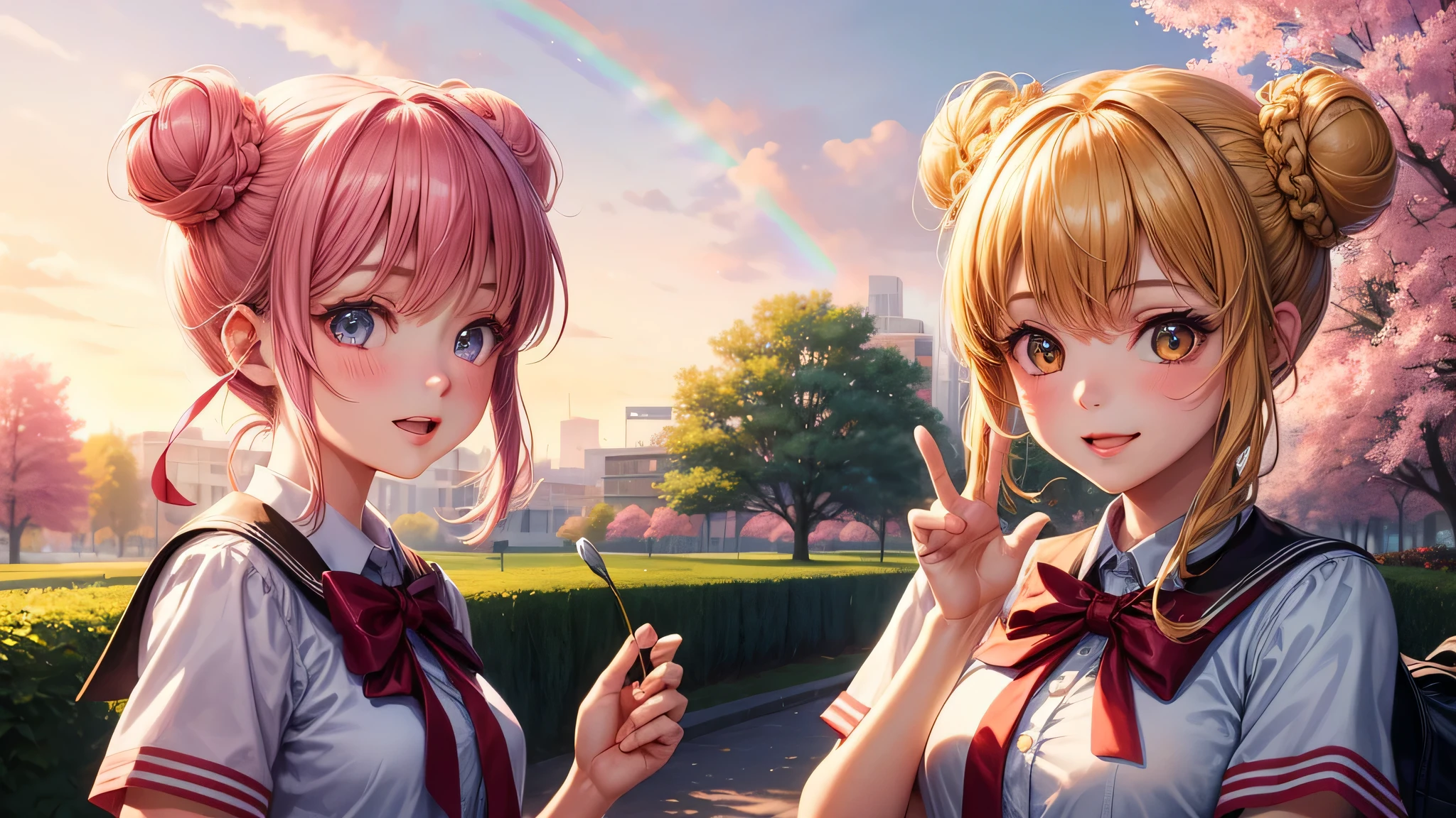 (2 girls:1.2), cute face, shining smile, (double buns:1.2), (school uniform, mini skirt:1.2), (highest quality: 1.4), (Super detailed), (highest quality:1.4), (super detailed), (lush park), sunlight, cherry blossoms, (pink sky), beautiful rainbow sky, (anime illustration), very high resolution, (Upper body), close up face