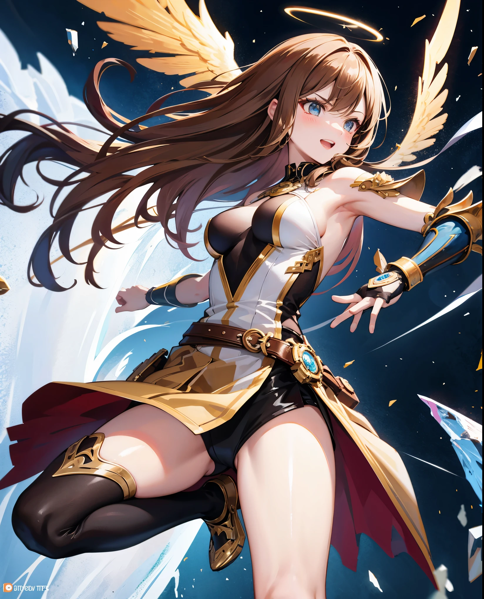 fantasy, 1angel_girl,, ,brown_hair, medium_bob_hair, long_bangs, halo,bare_shoulder,thighhighs,silver_armor, waist_armor, large_breasts,angry,grinning,open_mouth_teeth, 1pair_wings, dynamic_pose_fighting,floating, bare_crotch, headgear,gauntlet, greaves,city_background,slightly_spread_legs, solo, groin_naked,