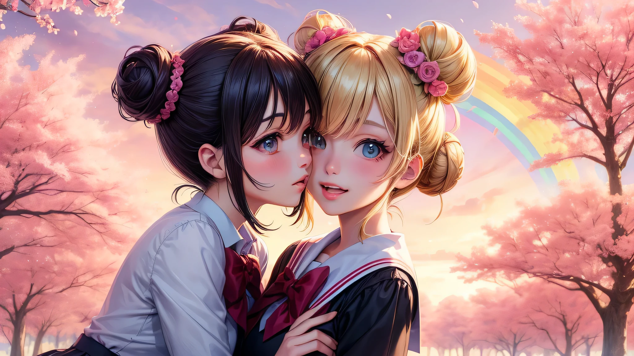 (2 girls:1.2), cute face, shining smile, (double buns:1.2), (school uniform, mini skirt:1.2), (highest quality: 1.4), (Super detailed), (highest quality:1.4), (super detailed), (lush park), sunlight, cherry blossoms, (pink sky), beautiful rainbow sky, (anime illustration), very high resolution, (Upper body), close up face