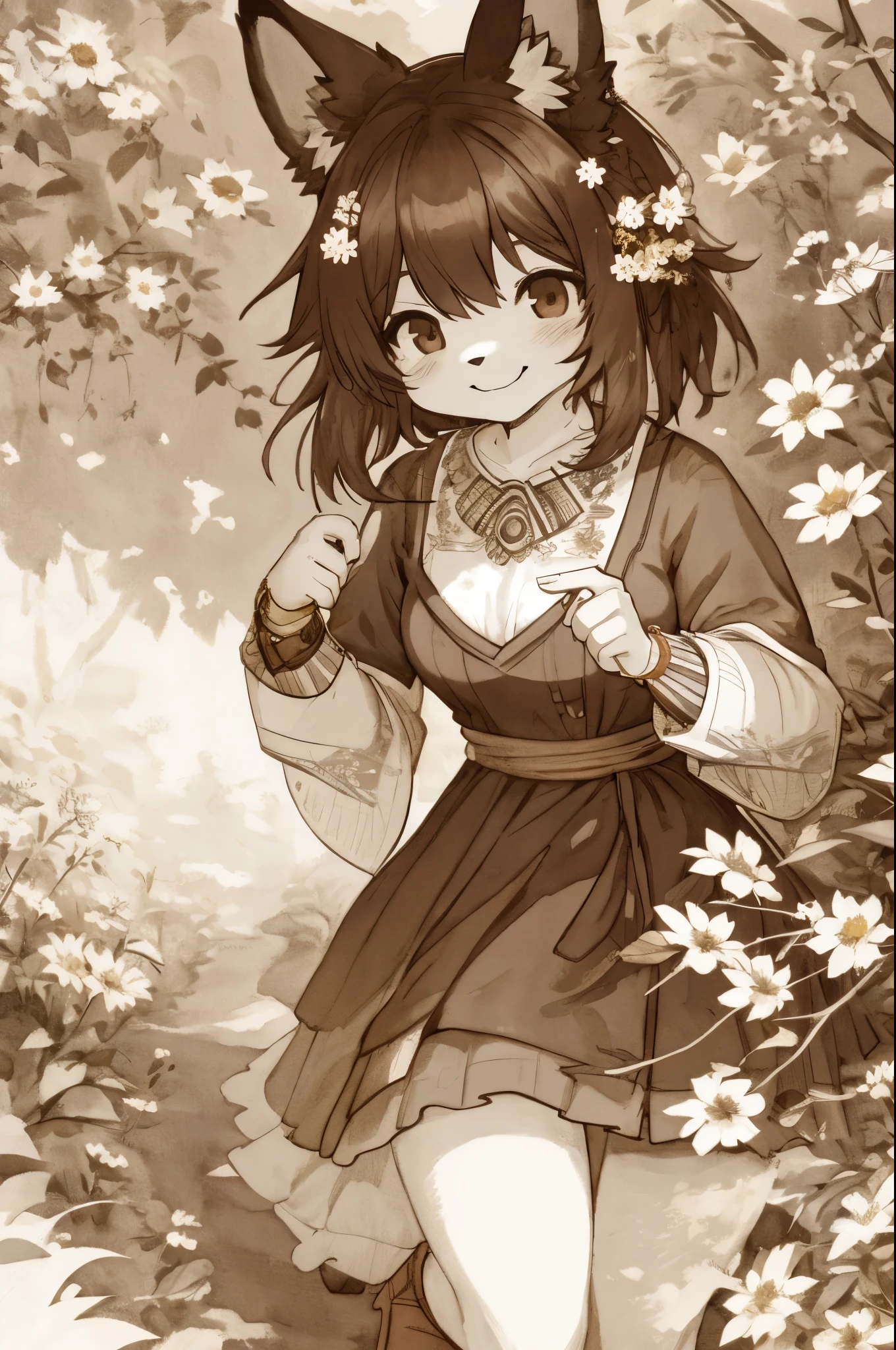 monochrome, watercolor, highres, top quality, best quality, paid reward available, High-quality illustrations, unparalleled masterpiece, perfect artwork, absurdres, 1girl, kemono, furry, detailed body fur, animal face, animal hand, Archaic Smile, holding a cluster of brown flower in both hands, which are positioned at chest level, She is wearing a simple ring on the ring finger of her left hand, unfocused spread of brown flower, fan-created work shared on platforms Pixiv or Twitter,
