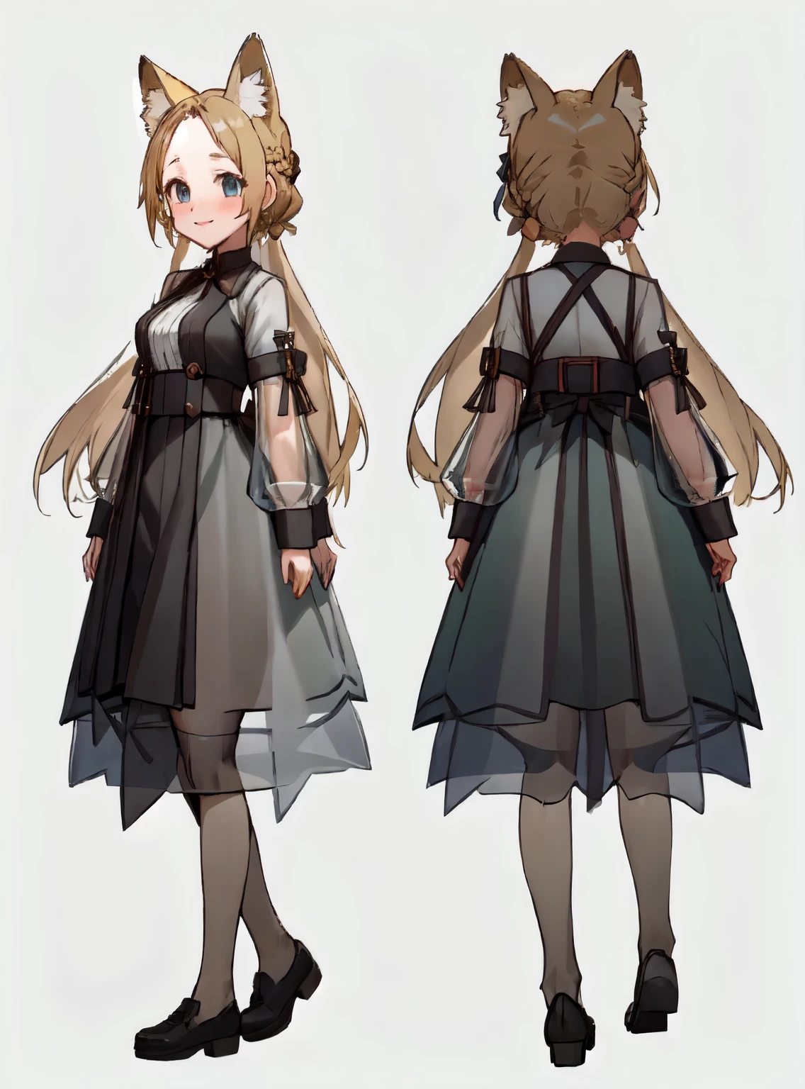 masterpiece: 1.6, highest quality: 1.4, live video: 1.2, intricate details: 1.2, ++, 1 girl, alone, ((blonde)), long hair, french braid, single ~ sidelock, Forehead: 1.5, fox ears, big fox tail: 1.4, deep blue eyes, bright eyes, big breasts, thighs:1.7, green adventurer-like jacket:1.3, short pants:1.6, pochette, ++, full body shot, multiple views, front, return, ~ side, Performance, ((Character setting material collection, Same character in different poses, character reversal: 1.5, multiple views)), (transparent returnground, gray returnground:1.5), arms behind return, portrait, Happy, Are crying, Get angry, smile