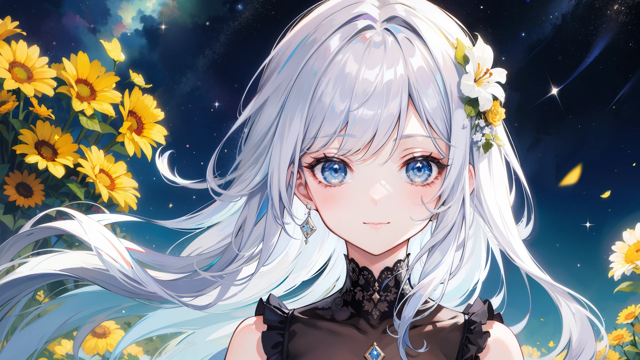 32k, highest quality, expensive_solve, clear_image, detailed background, girl, flower, garden, starry sky, Beautiful modeling, smile, close up of face, 
