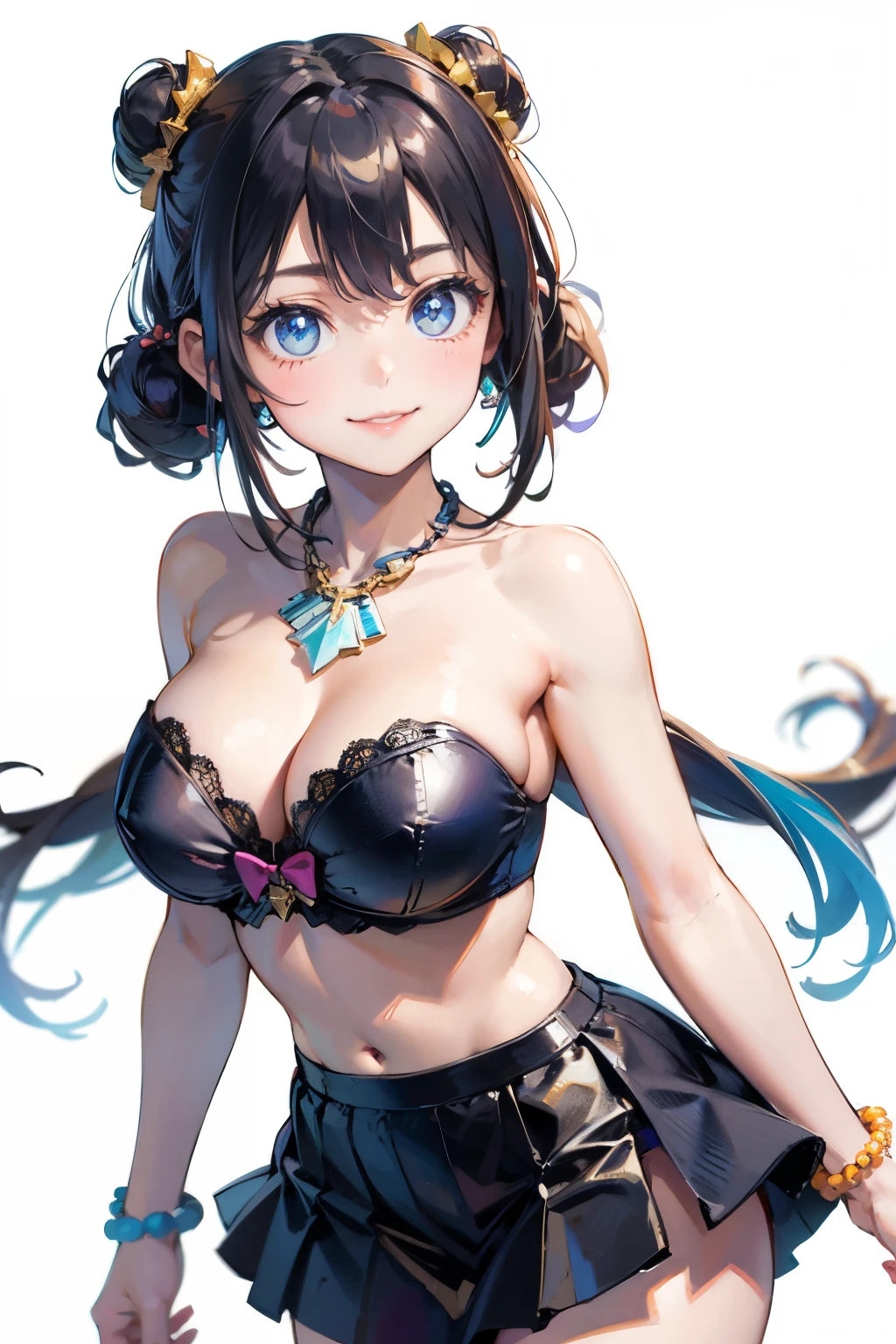 high quality,UHD,Anatomically correct, cute girl, C cup size breasts, Blue eyes Odd eye, upturned smile, black Double bun, Strapless Bra, Mini skirt, Ear cuff,Beaded necklace