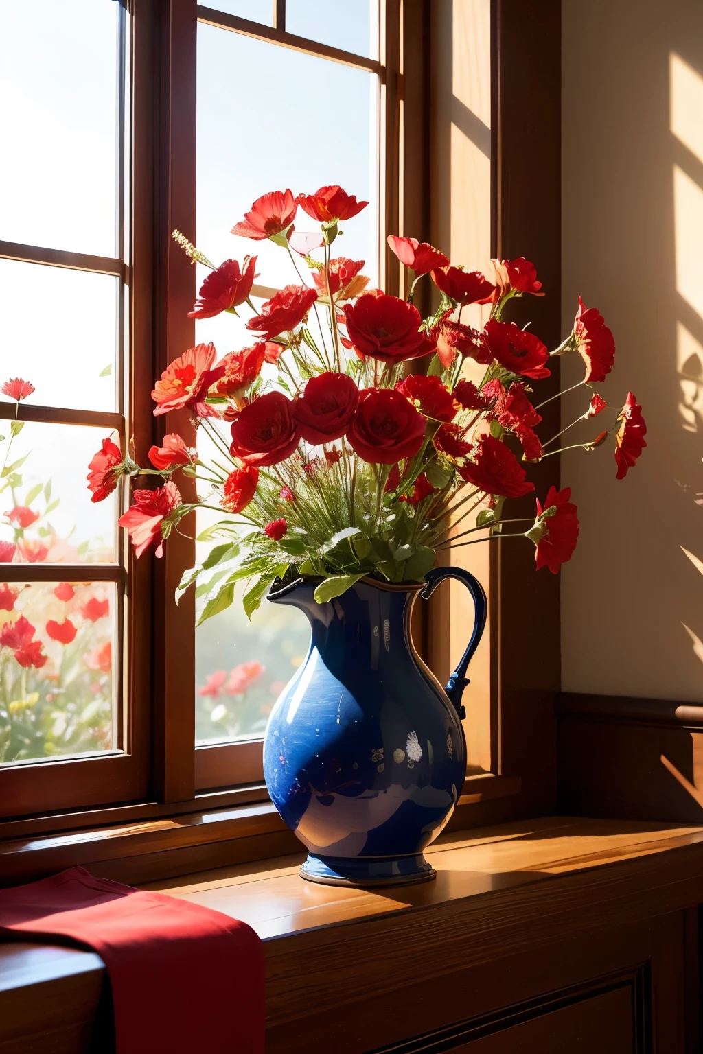 A flower box, nestled on a sun-soaked windowsill, teeming with life: a vibrant red flower reaching for the heavens, and a tranquil blue bloom gracefully bowing towards the earth. Bathed in the ethereal glow of the sun's rays during the breathtaking dawn, the petals of both flowers unfurling in intricate detail, revealing their inner beauty in high definition. The rich hues of each blossom are captured in ultra-realistic detail, with depth and dimension that could only be described as masterful. The delicate interplay of light and shadow brings the scene to life, the red petals glowing in the sun's first light