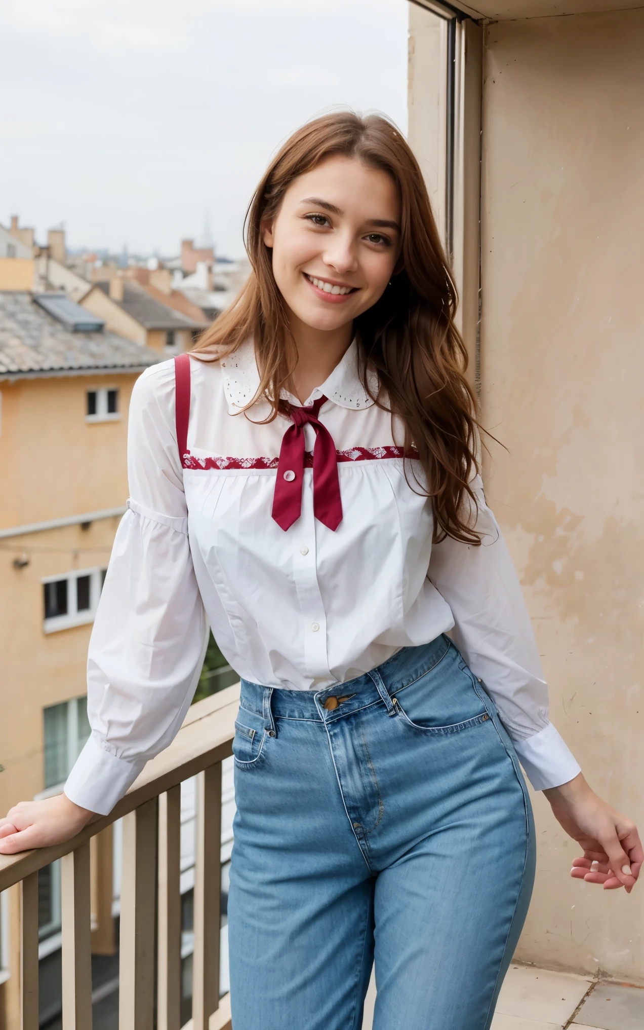 belle fille brune, sur le balcon d'dans un cabinet de comptable, posant pour une publication instagram, dressed in' vêtements de comptable un jean et d'a top Mango - Polka dot blouse with high collar and ties at the sleeves - Red, wavy brown hair, contient une bouteille de shampoing, very smiling, pose pour la photo