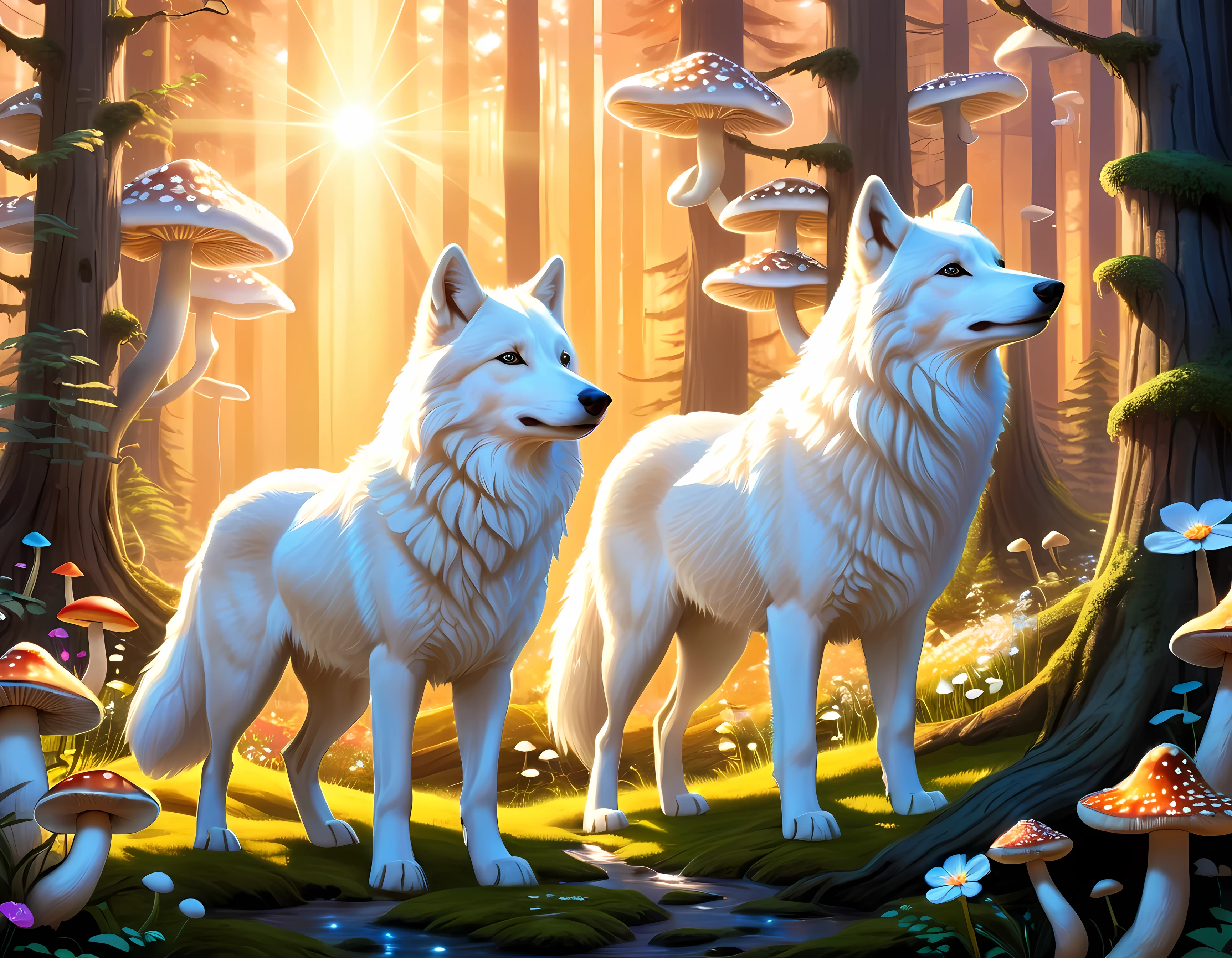 Epic cartoon drawing, a summer enchanted forest at sunset, the Tyndall Effect, sun (rays) filtering though a forest canopy, two adorable white wolves, ((glowing magical mushrooms and flowers)), soft fog, shimmering effect, masterpiece in maximum 16K resolution, superb quality. | ((More_Detail))
