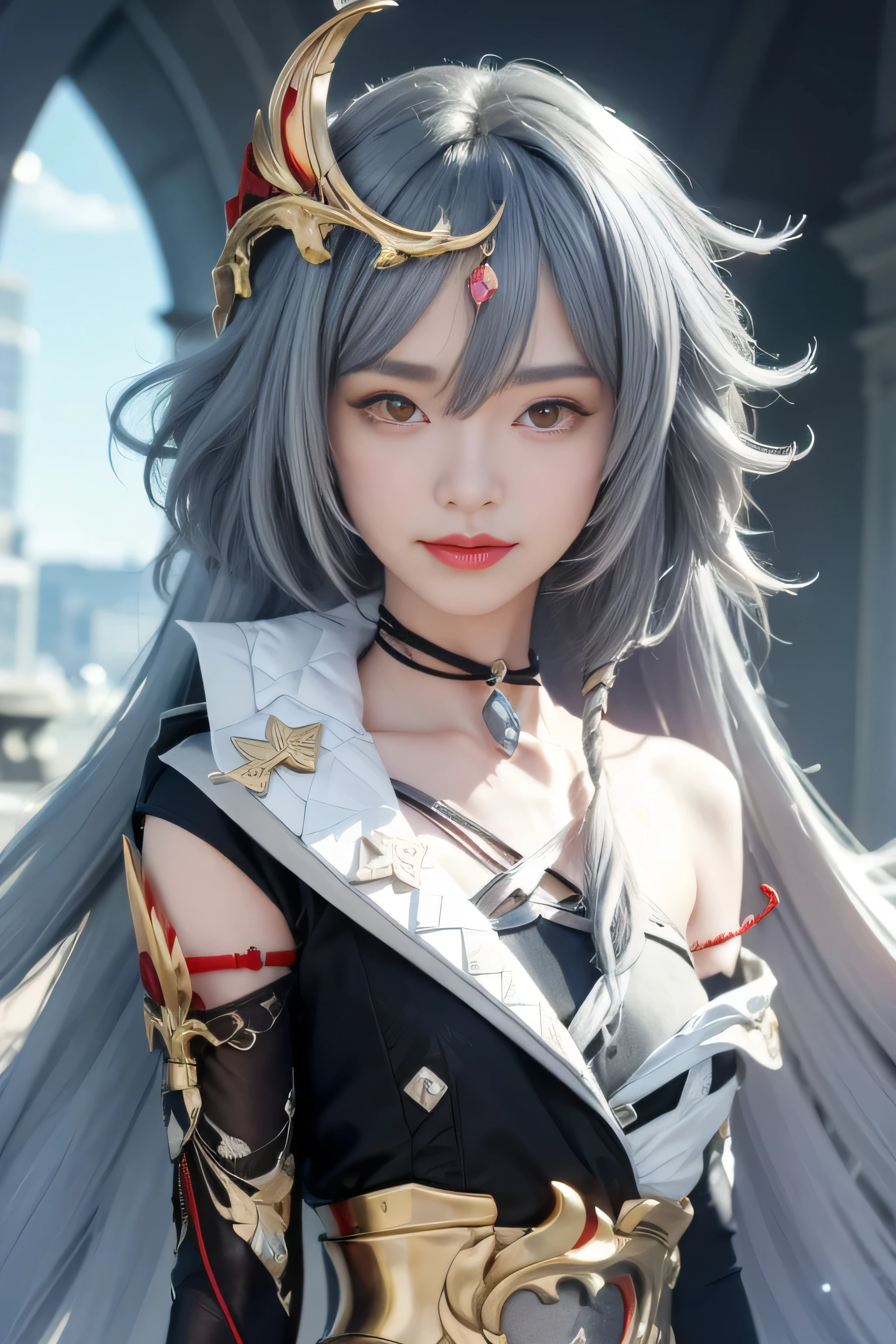 Super beautiful big glowing eyes、Photorealsitic, High resolution, 1 woman, Red Long Hair, Beautiful eyes, normal breast, Ganyu clothes,gloves, Horns, Neck bell, pantyhose, Purple eyes, side locks, tassels, White sleeves,(ganyu \(GenshinImpact\))